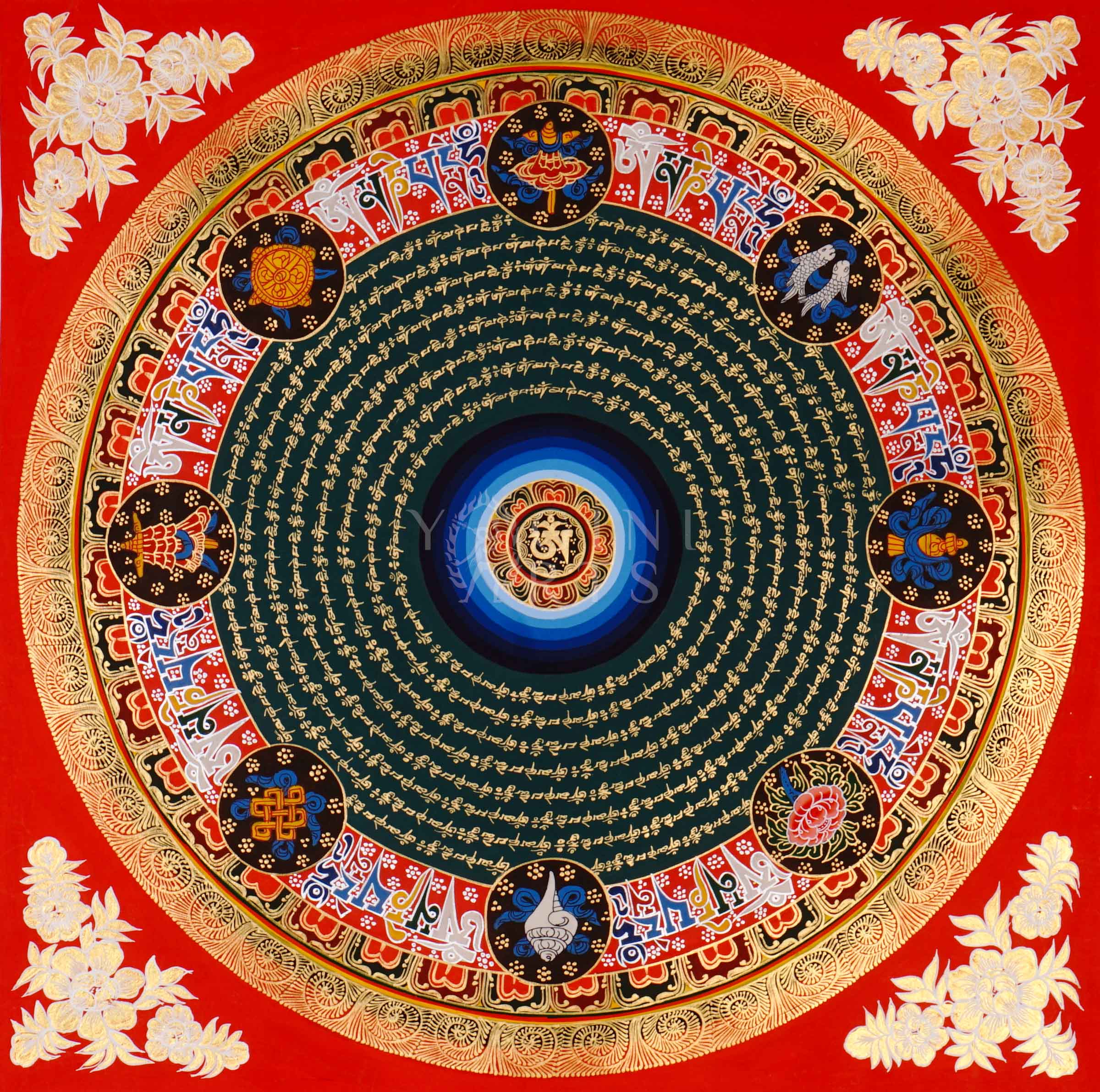 Tibetan mantra mandala thangka featuring concentric circles of sacred script with a central seed syllable surrounded by auspicious symbols on a red and gold background.