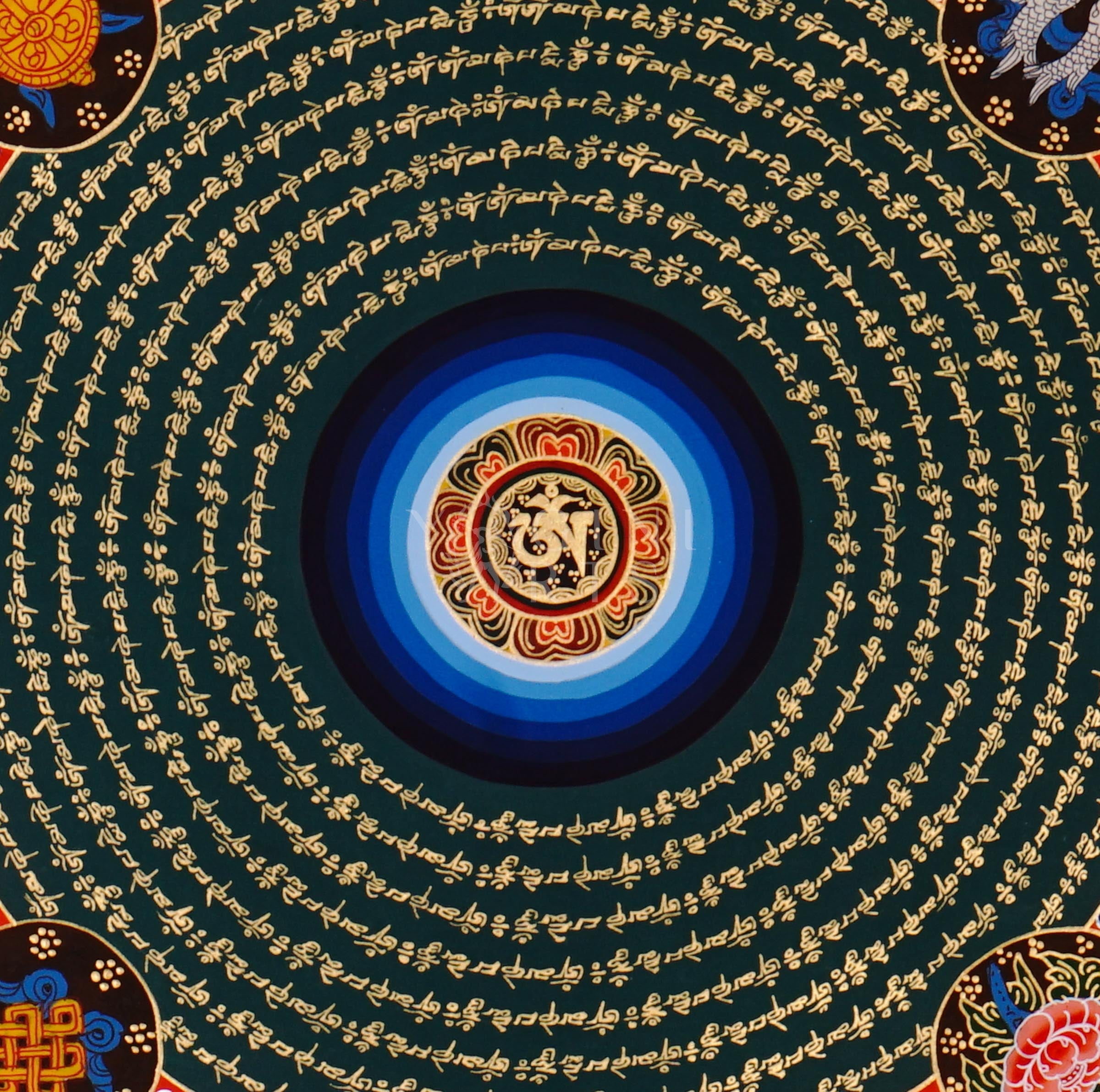 Tibetan mantra mandala thangka featuring concentric circles of sacred script with a central seed syllable surrounded by auspicious symbols on a red and gold background.