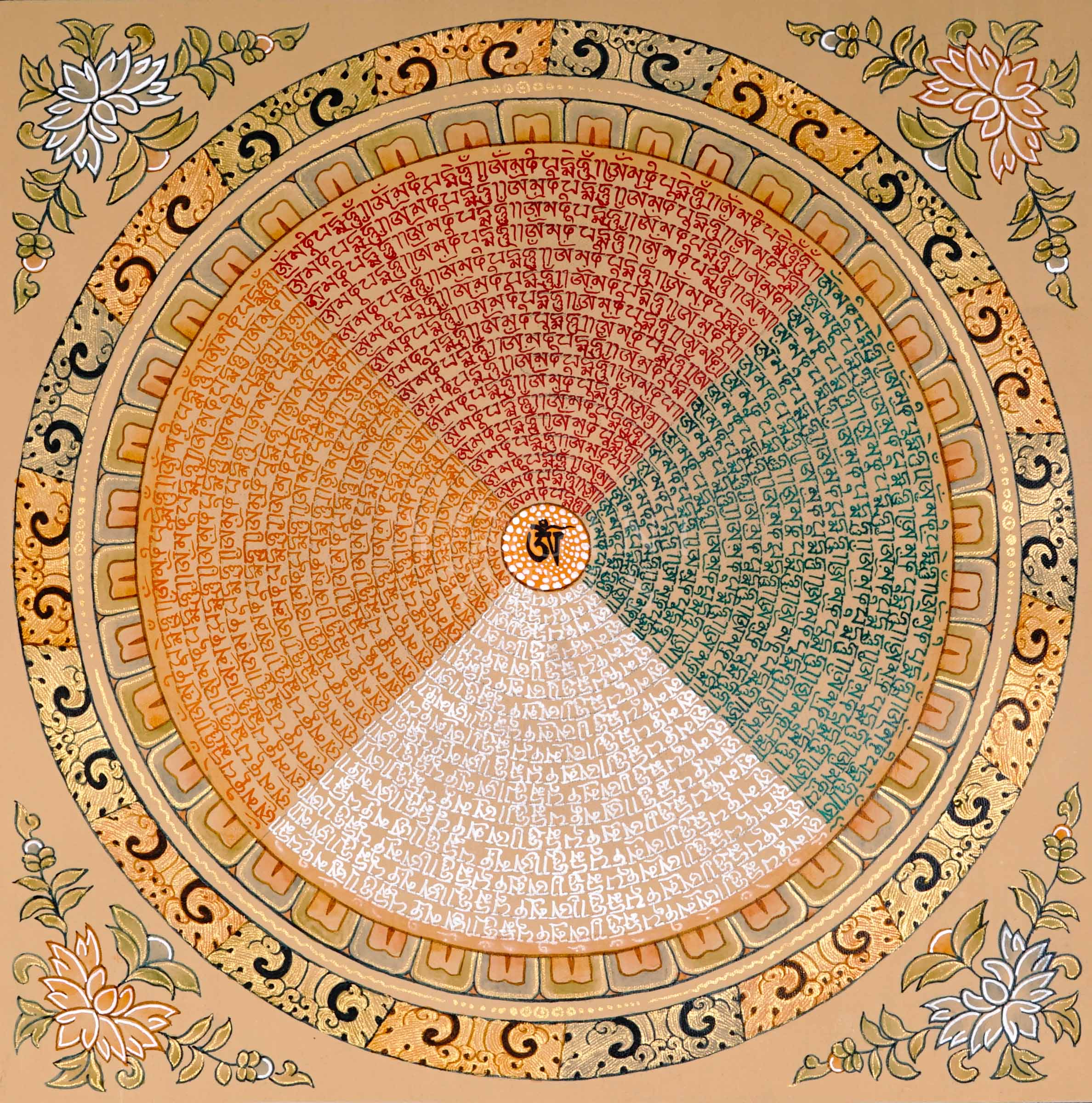 Tibetan special mantra mandala thangka with Om center and dense concentric rings of sacred script on a gold background.
