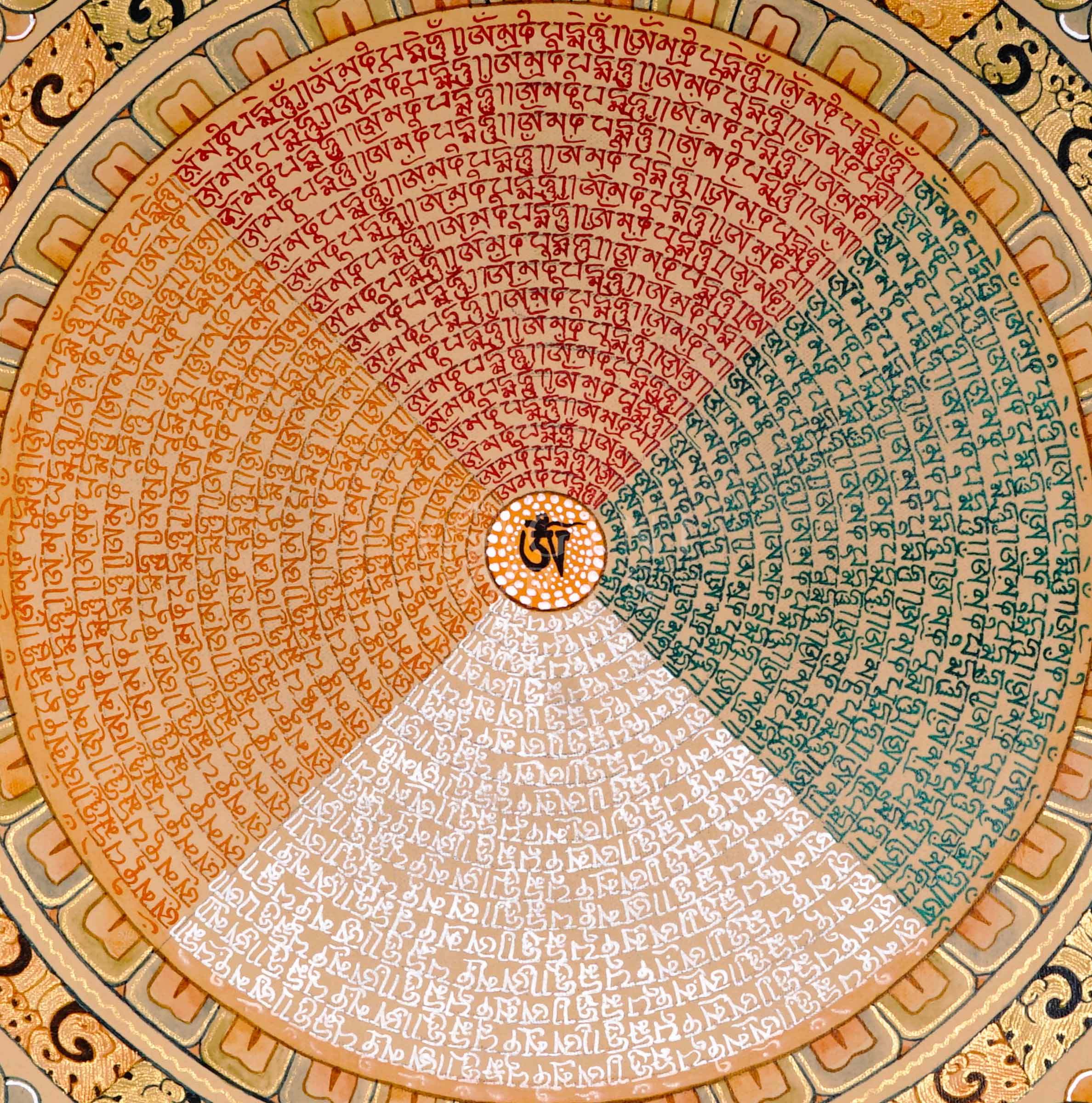 Tibetan special mantra mandala thangka with Om center and dense concentric rings of sacred script on a gold background.