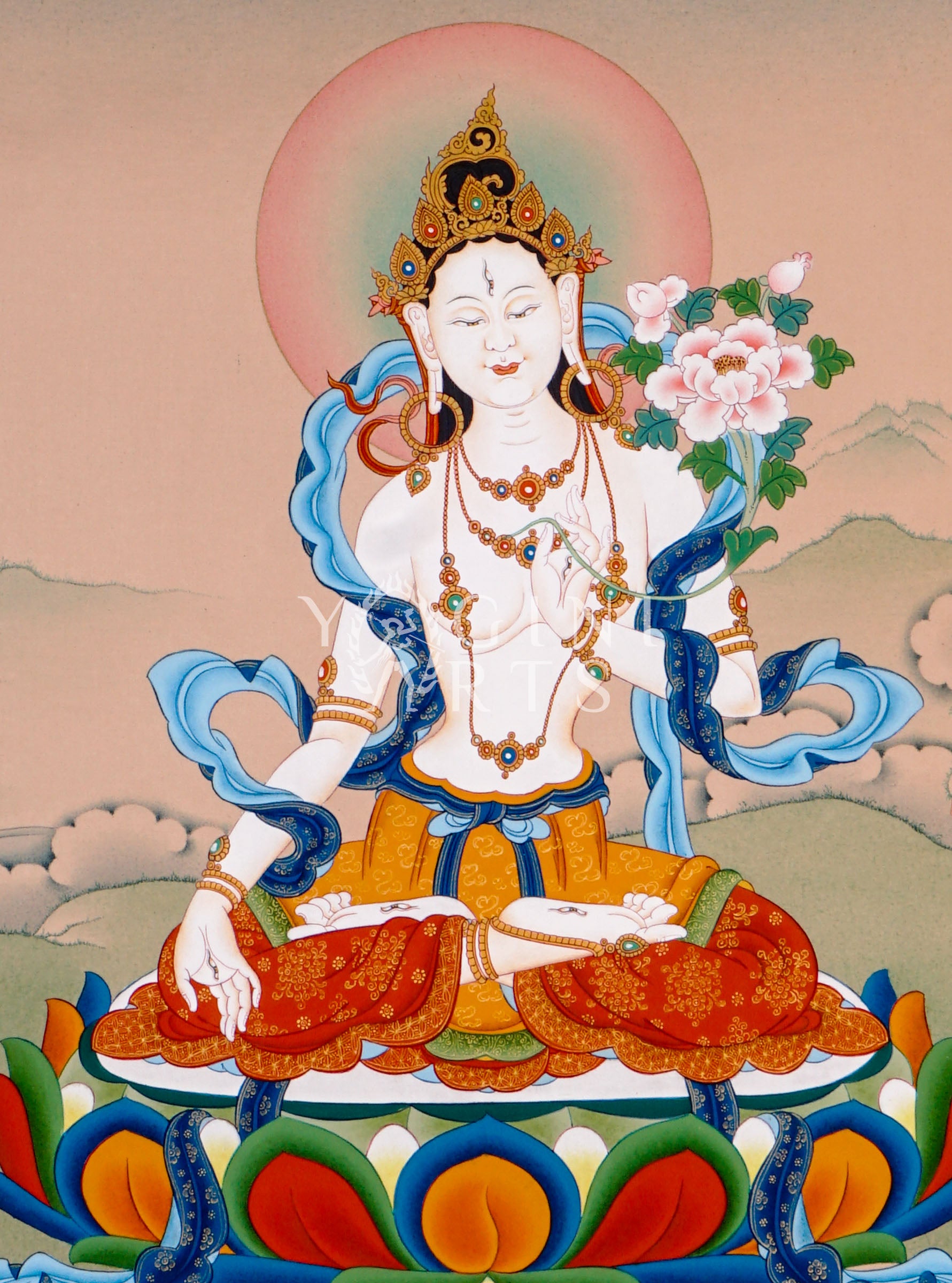 Hand-painted White Tara thangka featuring the Tibetan Buddhist goddess seated on a lotus throne holding a lotus flower within a peaceful Himalayan landscape