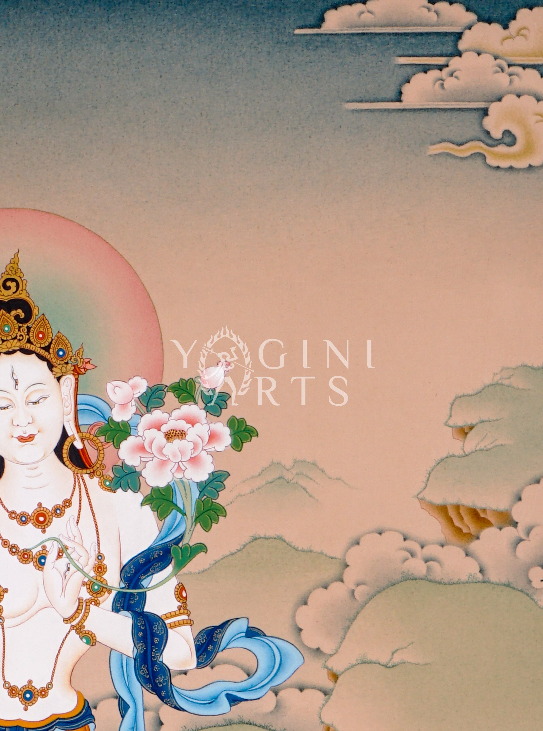Hand-painted White Tara thangka featuring the Tibetan Buddhist goddess seated on a lotus throne holding a lotus flower within a peaceful Himalayan landscape