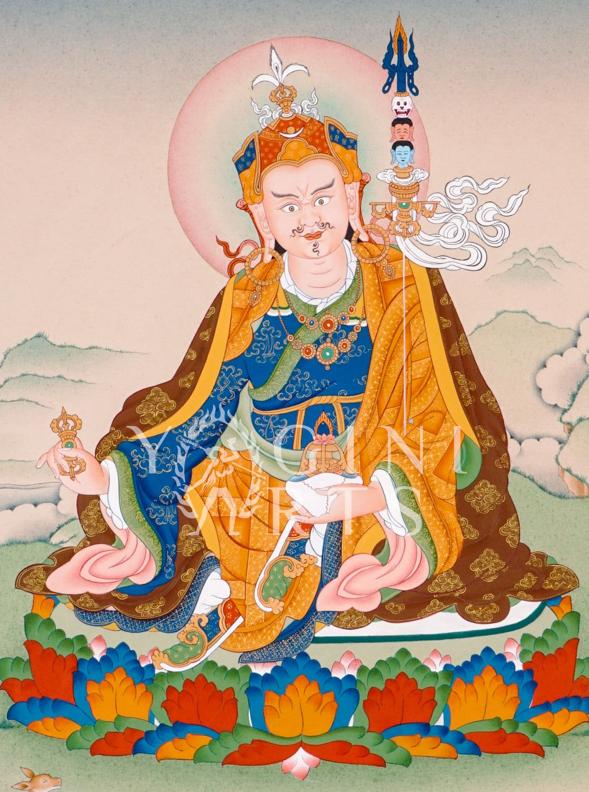 Hand-painted Guru Rinpoche thangka featuring Padmasambhava seated on a lotus throne holding vajra and skull cup within a peaceful Himalayan landscape
