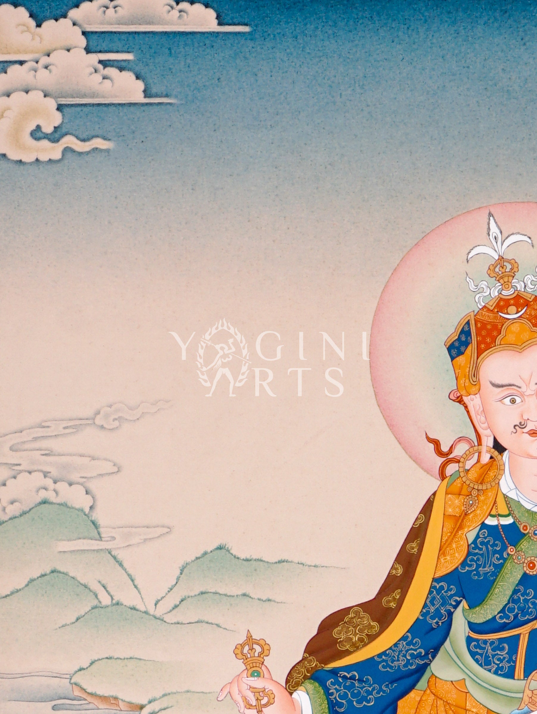 Hand-painted Guru Rinpoche thangka featuring Padmasambhava seated on a lotus throne holding vajra and skull cup within a peaceful Himalayan landscape