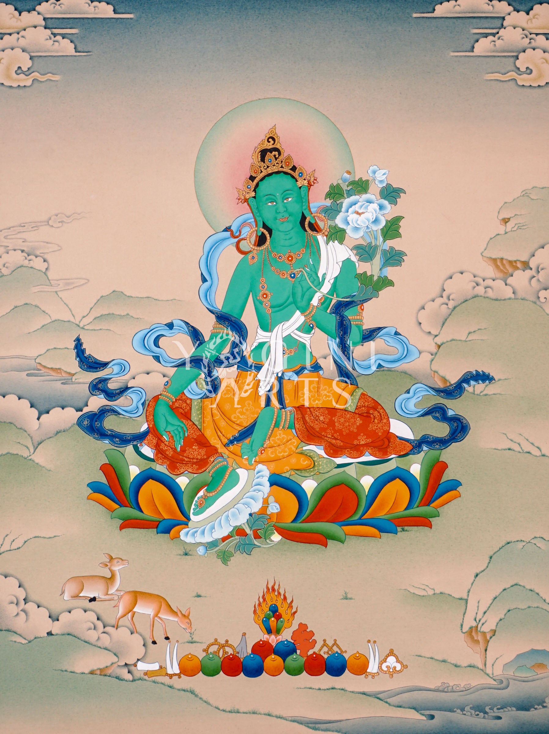 Hand-painted Green Tara thangka featuring the Tibetan Buddhist goddess seated on a lotus throne holding a blue lotus flower in a peaceful Himalayan landscape