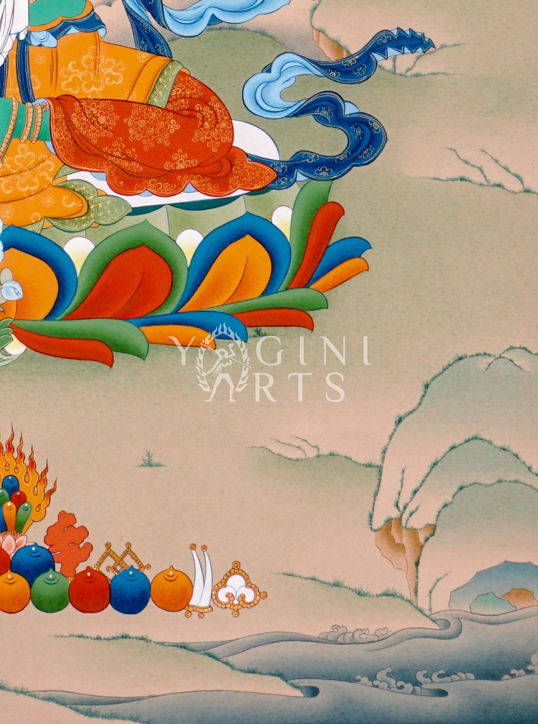Hand-painted Green Tara thangka featuring the Tibetan Buddhist goddess seated on a lotus throne holding a blue lotus flower in a peaceful Himalayan landscape