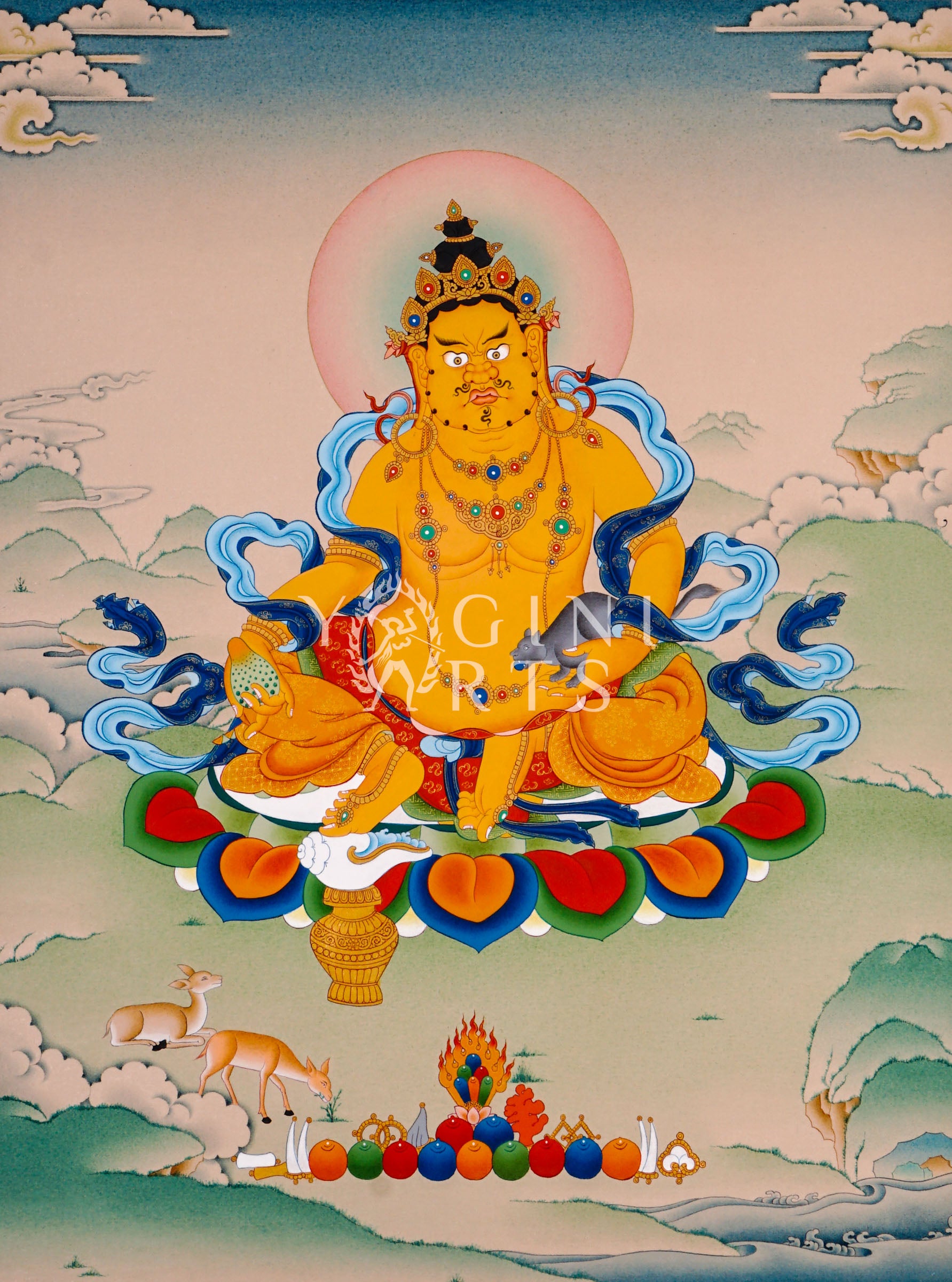 Yellow Zambhala thangka featuring the  Buddhist wealth deity seated on a lotus throne holding a mongoose