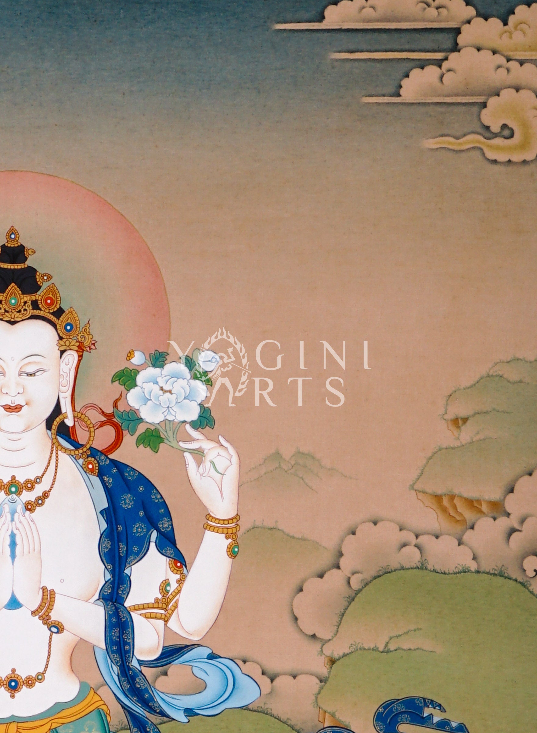 Chenrezig thangka featuring four-armed Avalokiteshvara seated on a lotus throne holding prayer beads and lotus flower
