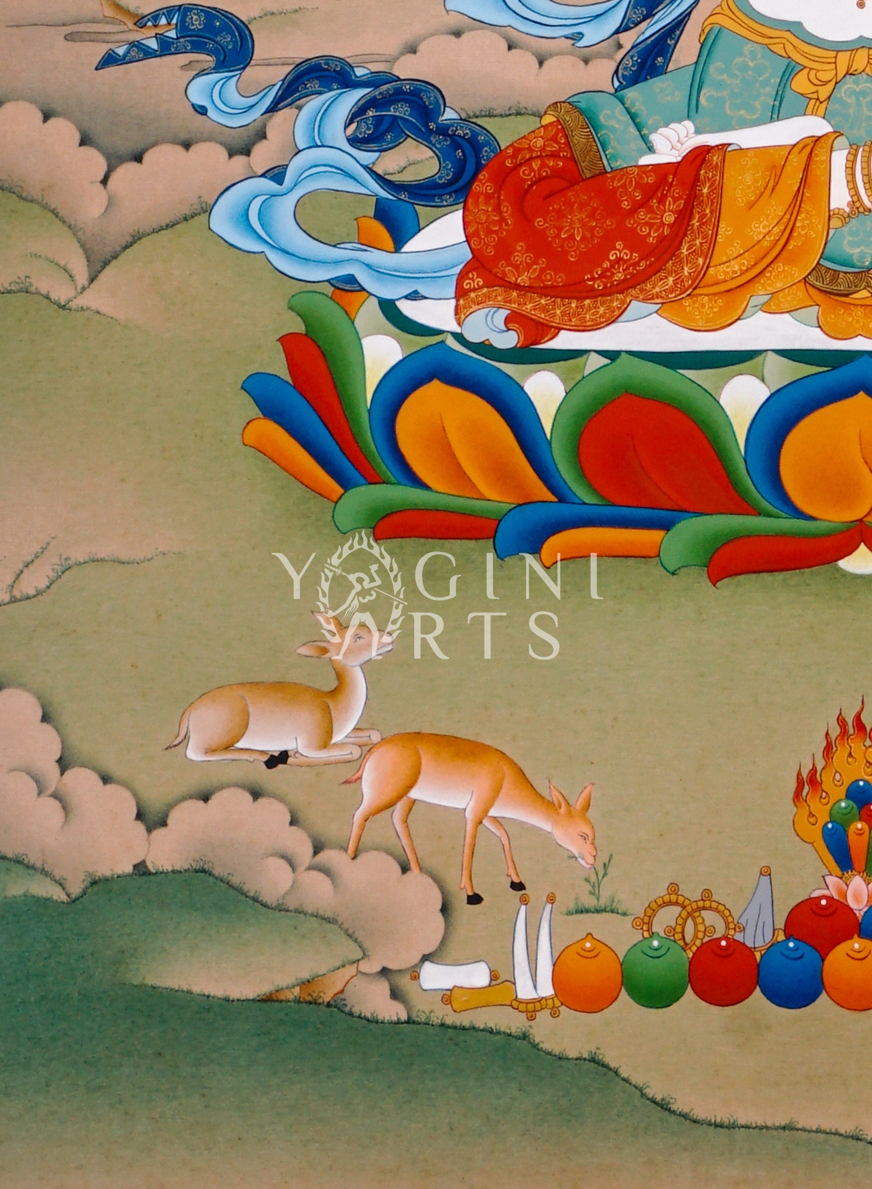 Chenrezig thangka featuring four-armed Avalokiteshvara seated on a lotus throne holding prayer beads and lotus flower
