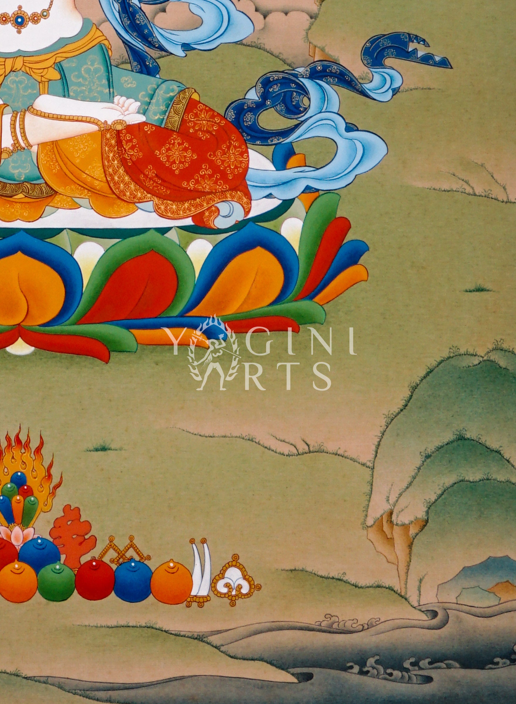 Chenrezig thangka featuring four-armed Avalokiteshvara seated on a lotus throne holding prayer beads and lotus flower