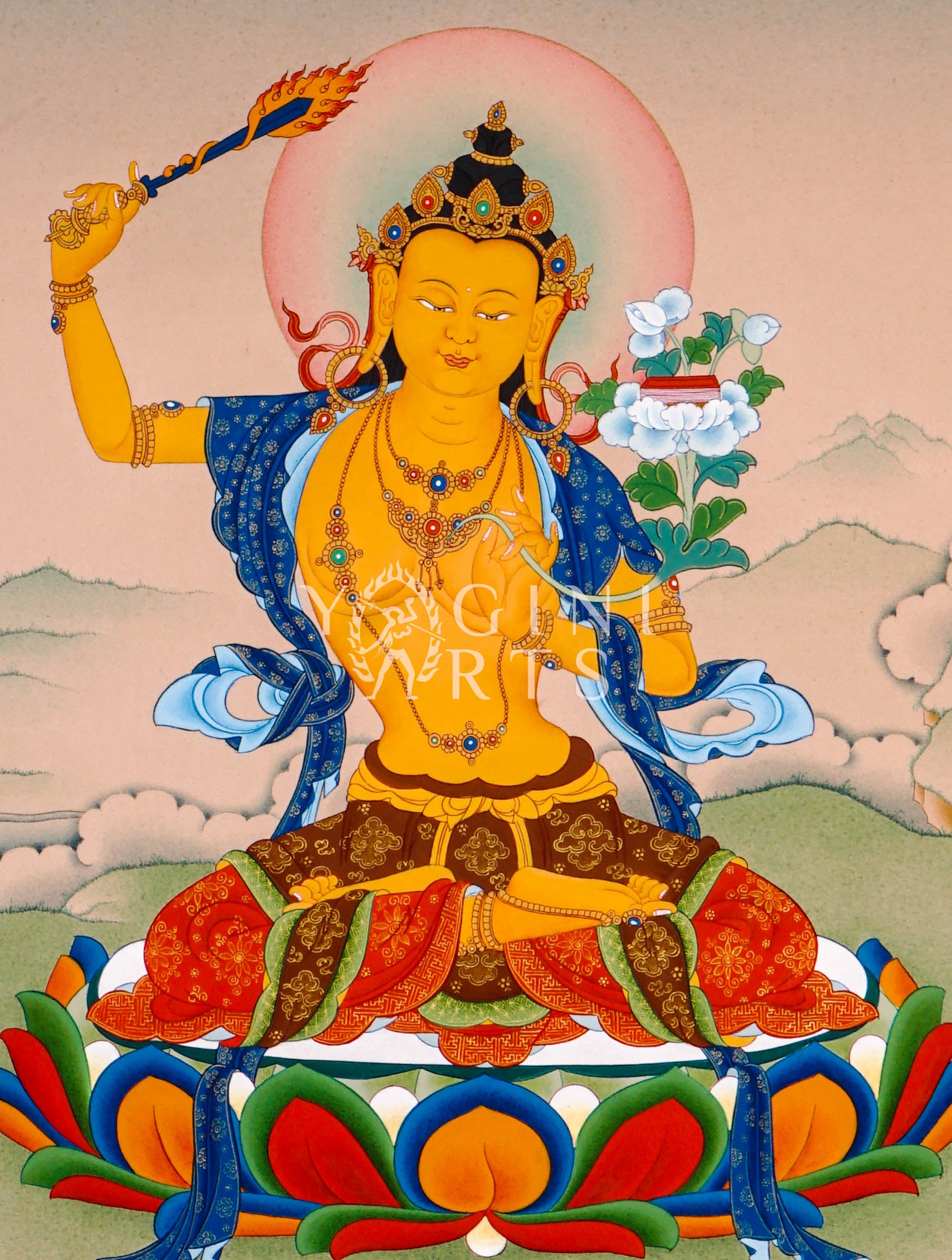 Manjushree thangka featuring the Bodhisattva of Wisdom holding a flaming sword and sacred lotus scripture seated on a lotus throne