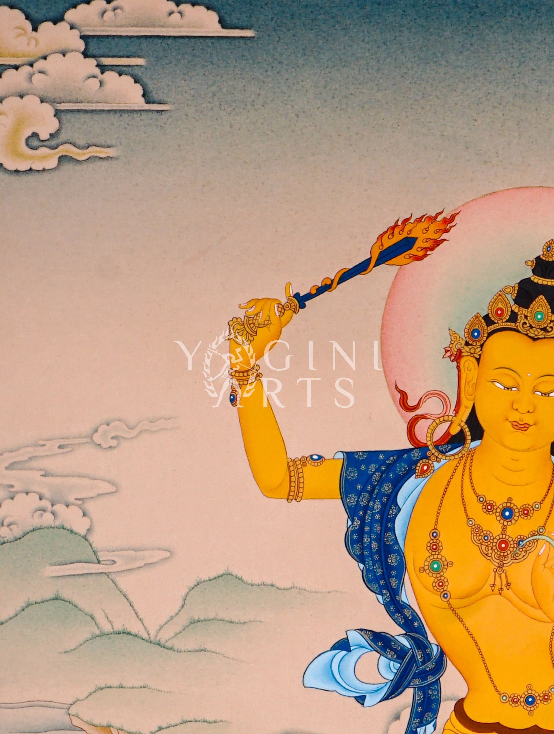 Manjushree thangka featuring the Bodhisattva of Wisdom holding a flaming sword and sacred lotus scripture seated on a lotus throne