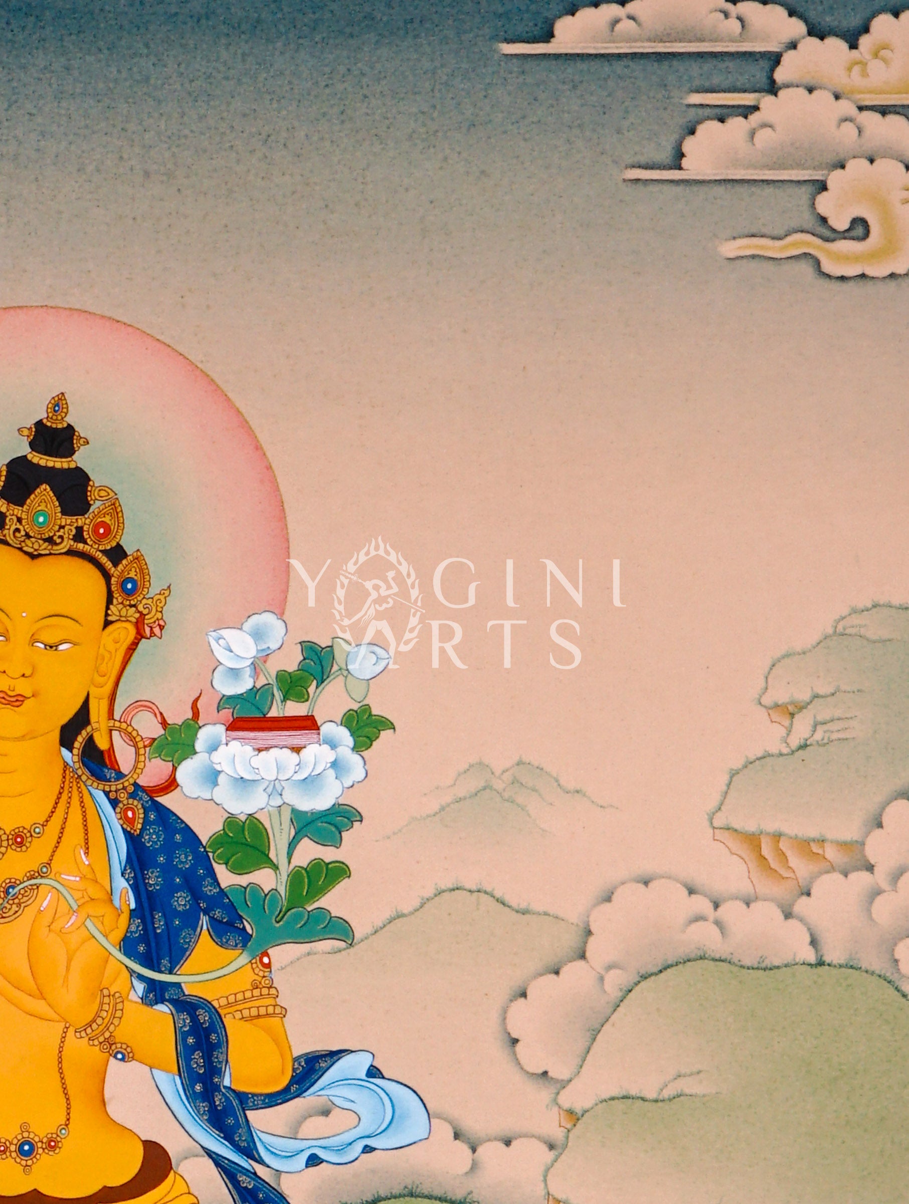 Manjushree thangka featuring the Bodhisattva of Wisdom holding a flaming sword and sacred lotus scripture seated on a lotus throne