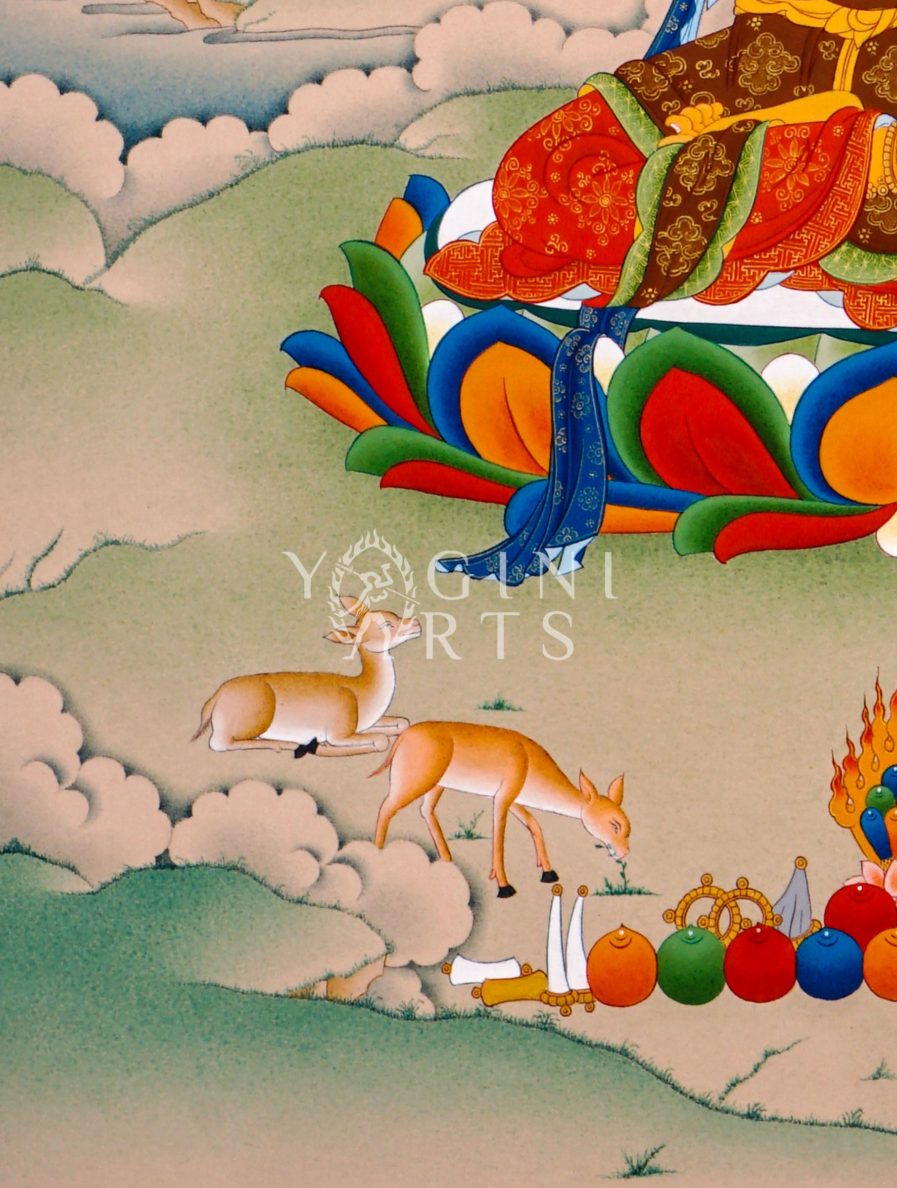 Manjushree thangka featuring the Bodhisattva of Wisdom holding a flaming sword and sacred lotus scripture seated on a lotus throne