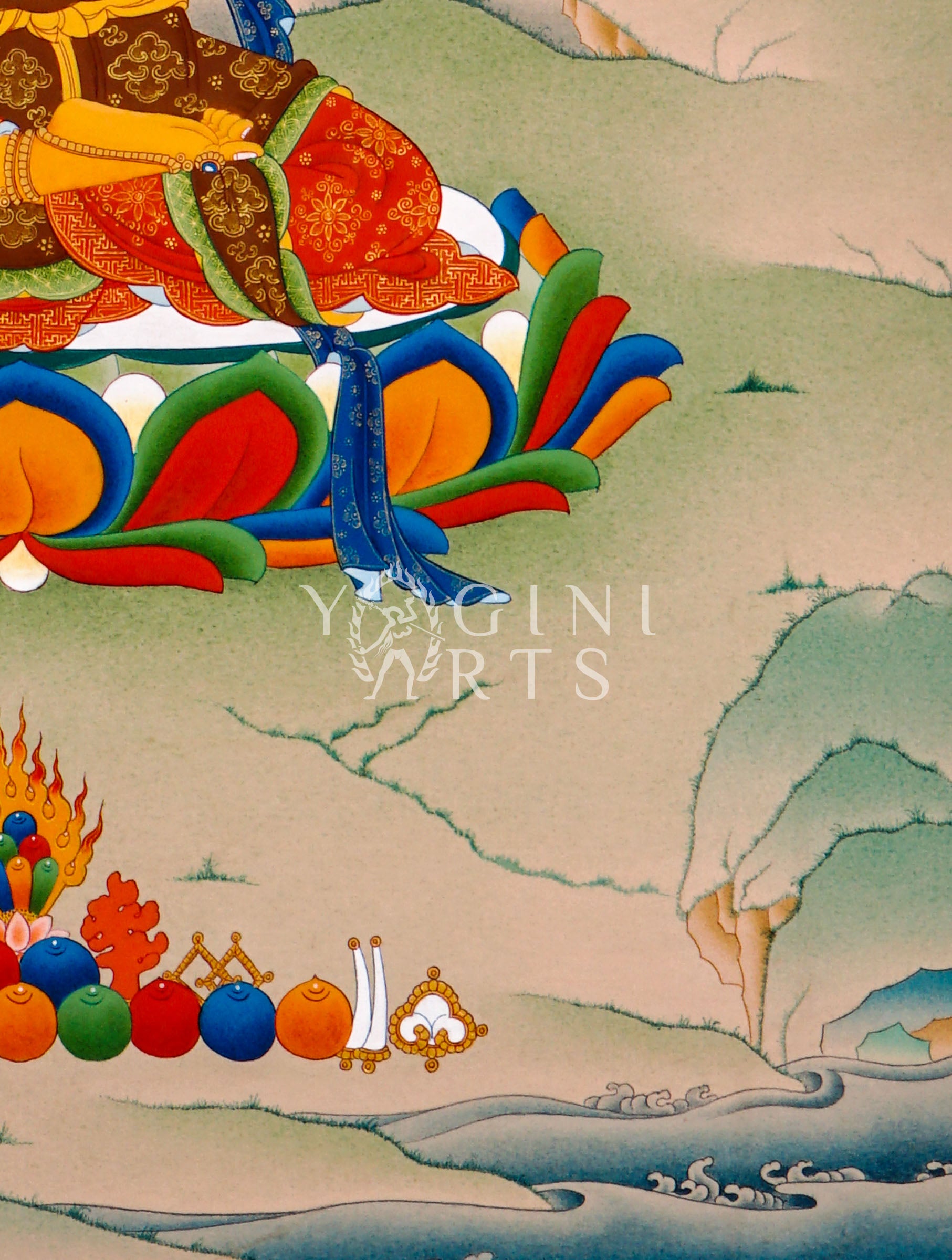 Manjushree thangka featuring the Bodhisattva of Wisdom holding a flaming sword and sacred lotus scripture seated on a lotus throne