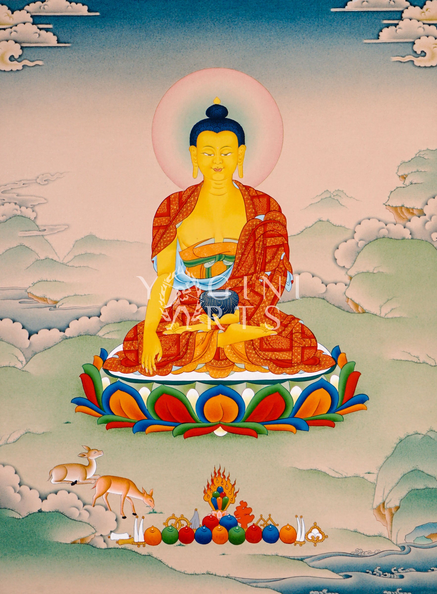 hakyamuni Buddha thangka showing the historical Buddha seated in meditation with earth-touching mudra and alms bowl