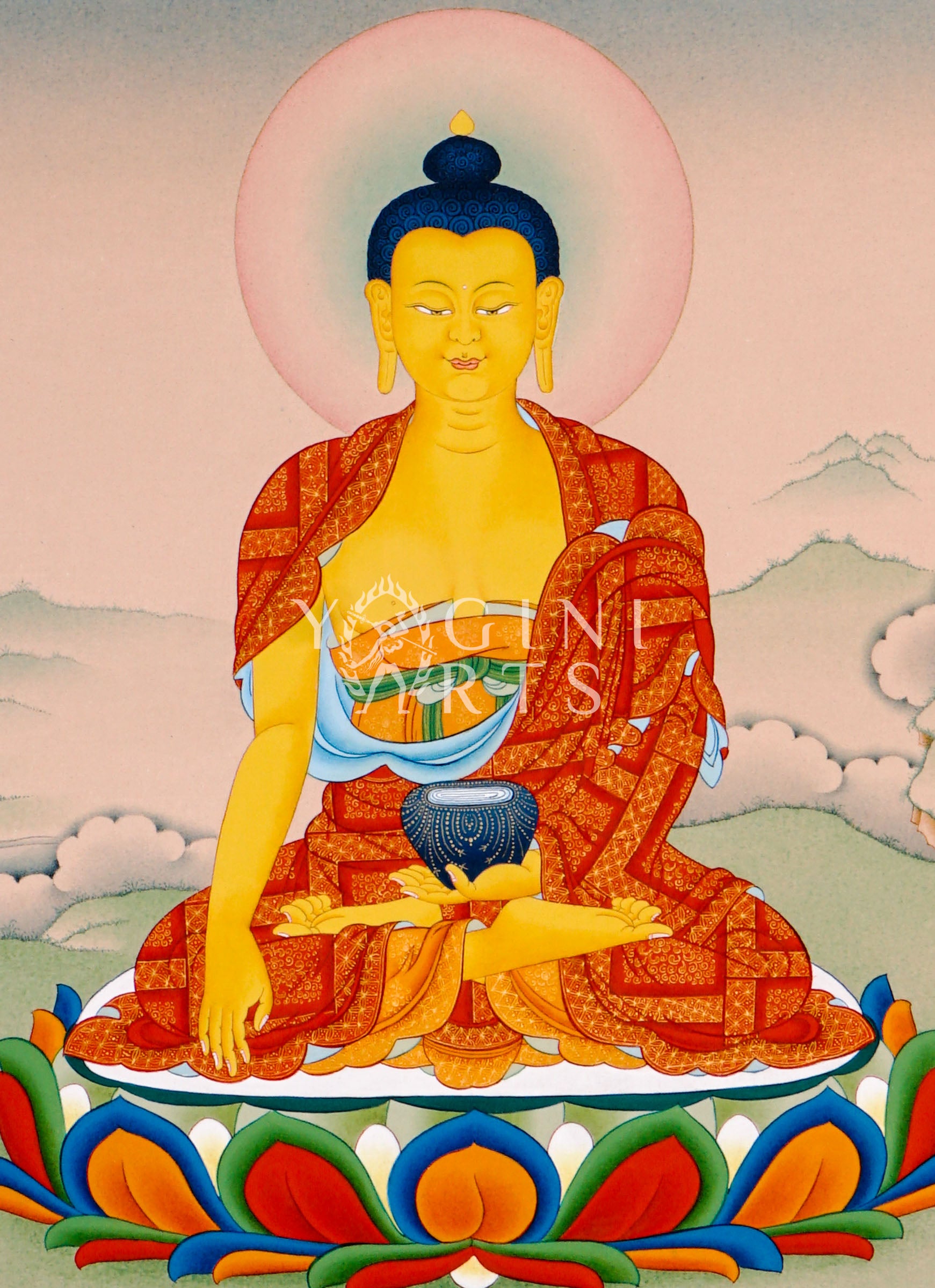 hakyamuni Buddha thangka showing the historical Buddha seated in meditation with earth-touching mudra and alms bowl