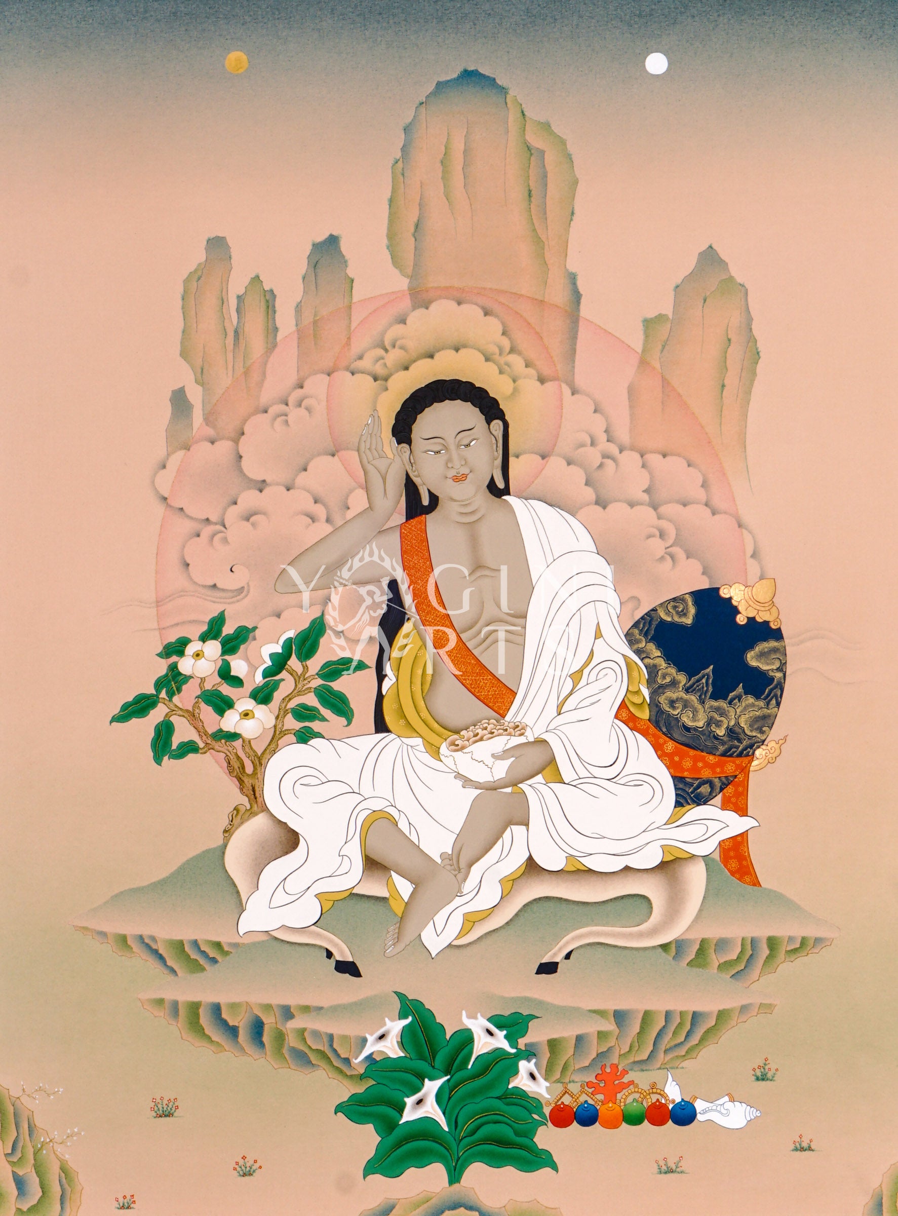 Milarepa thangka featuring the Tibetan Buddhist yogi seated in meditation with traditional listening gesture in a Himalayan landscape