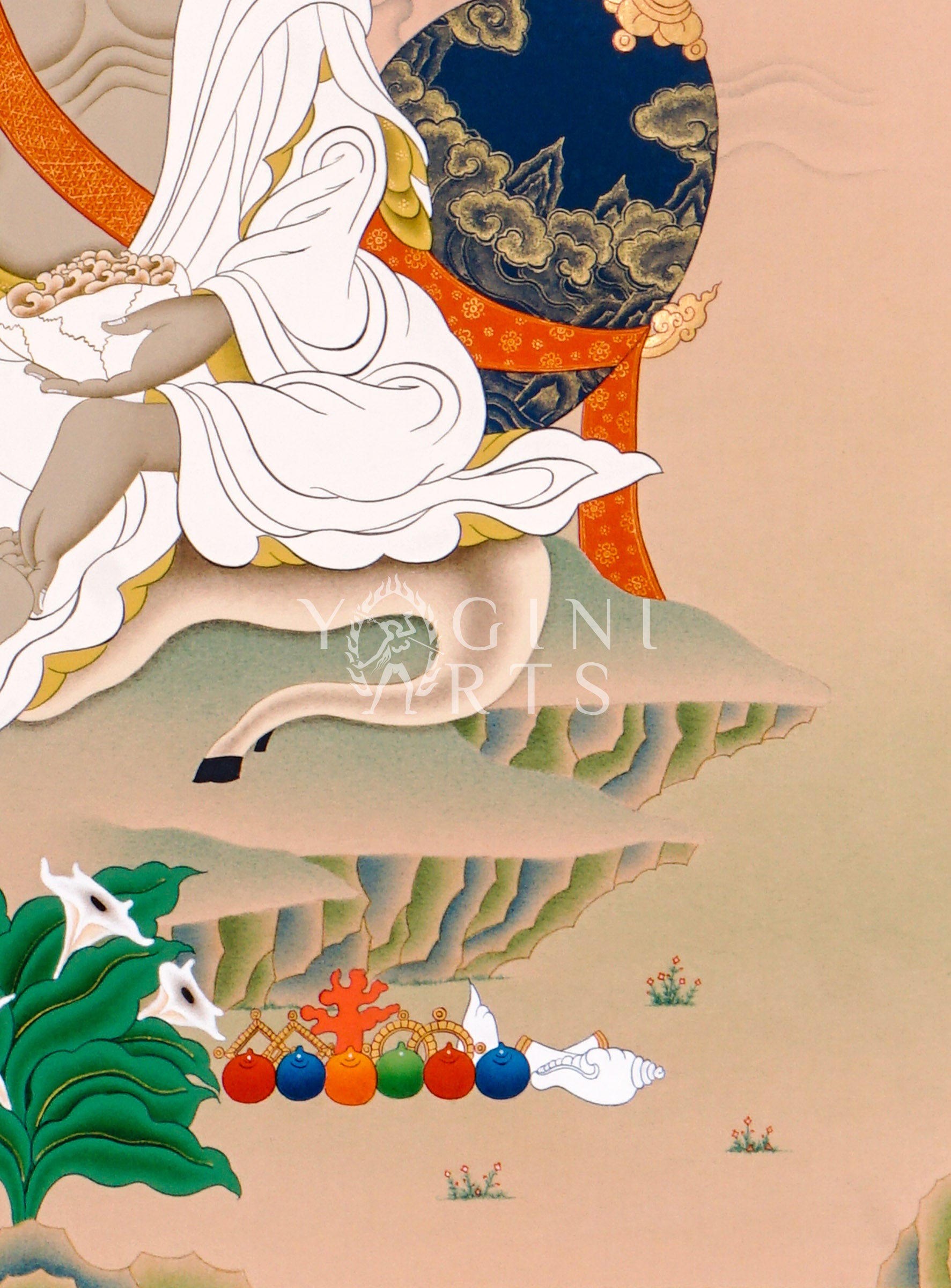 Milarepa thangka featuring the Tibetan Buddhist yogi seated in meditation with traditional listening gesture in a Himalayan landscape