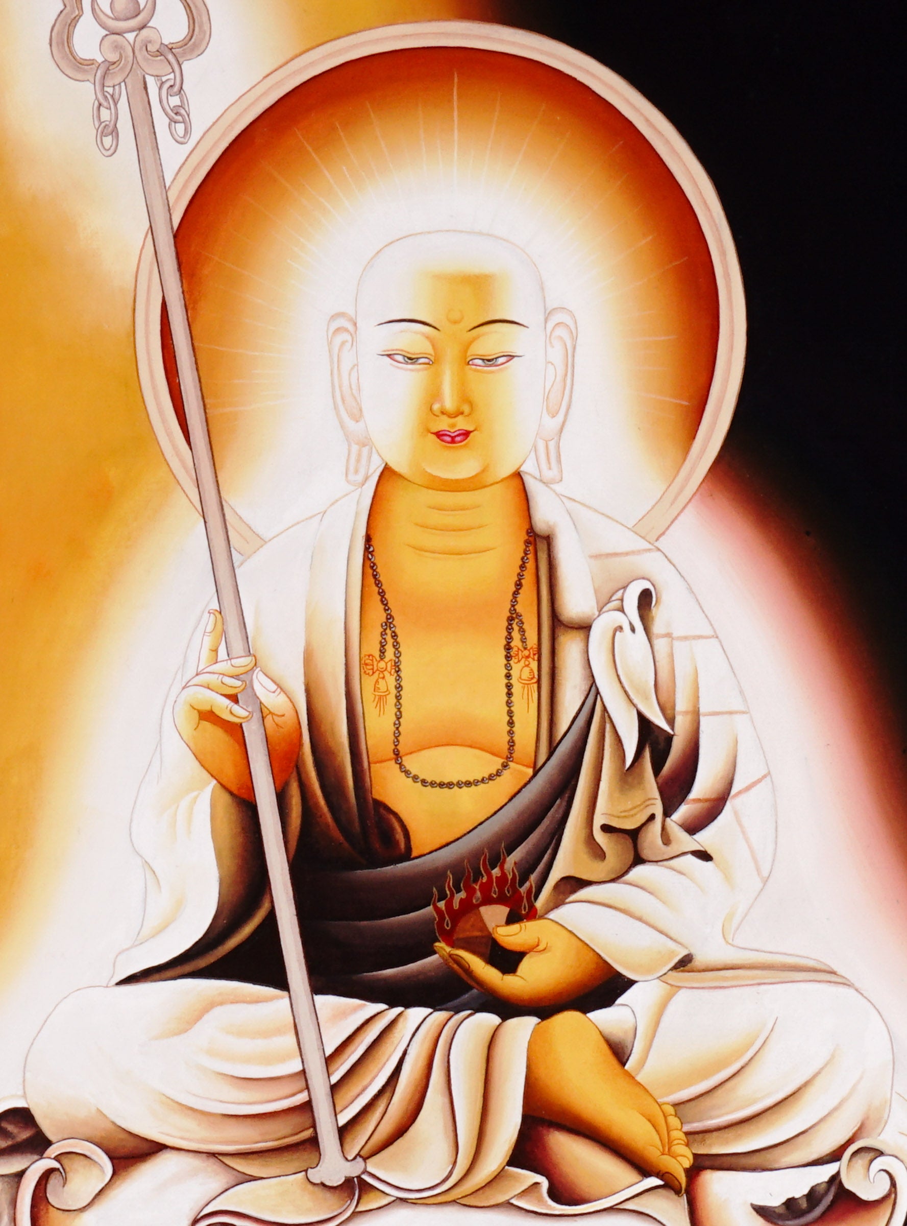Authentic hand-painted Ksitigarbha Bodhisattva thangka in a minimalist Tibetan Buddhist style featuring serene Himalayan spiritual symbolism and meditative beauty.