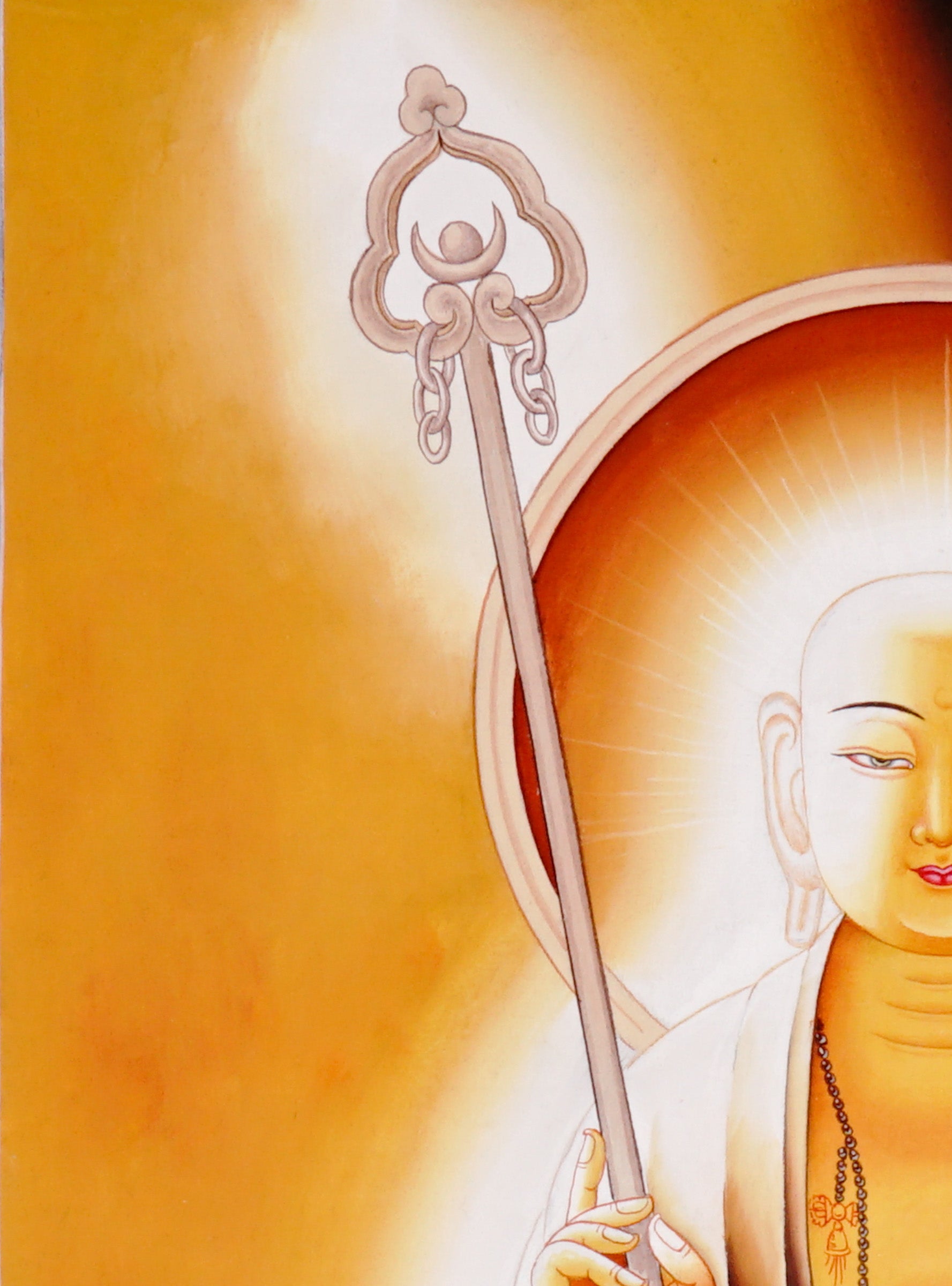 Authentic hand-painted Ksitigarbha Bodhisattva thangka in a minimalist Tibetan Buddhist style featuring serene Himalayan spiritual symbolism and meditative beauty.
