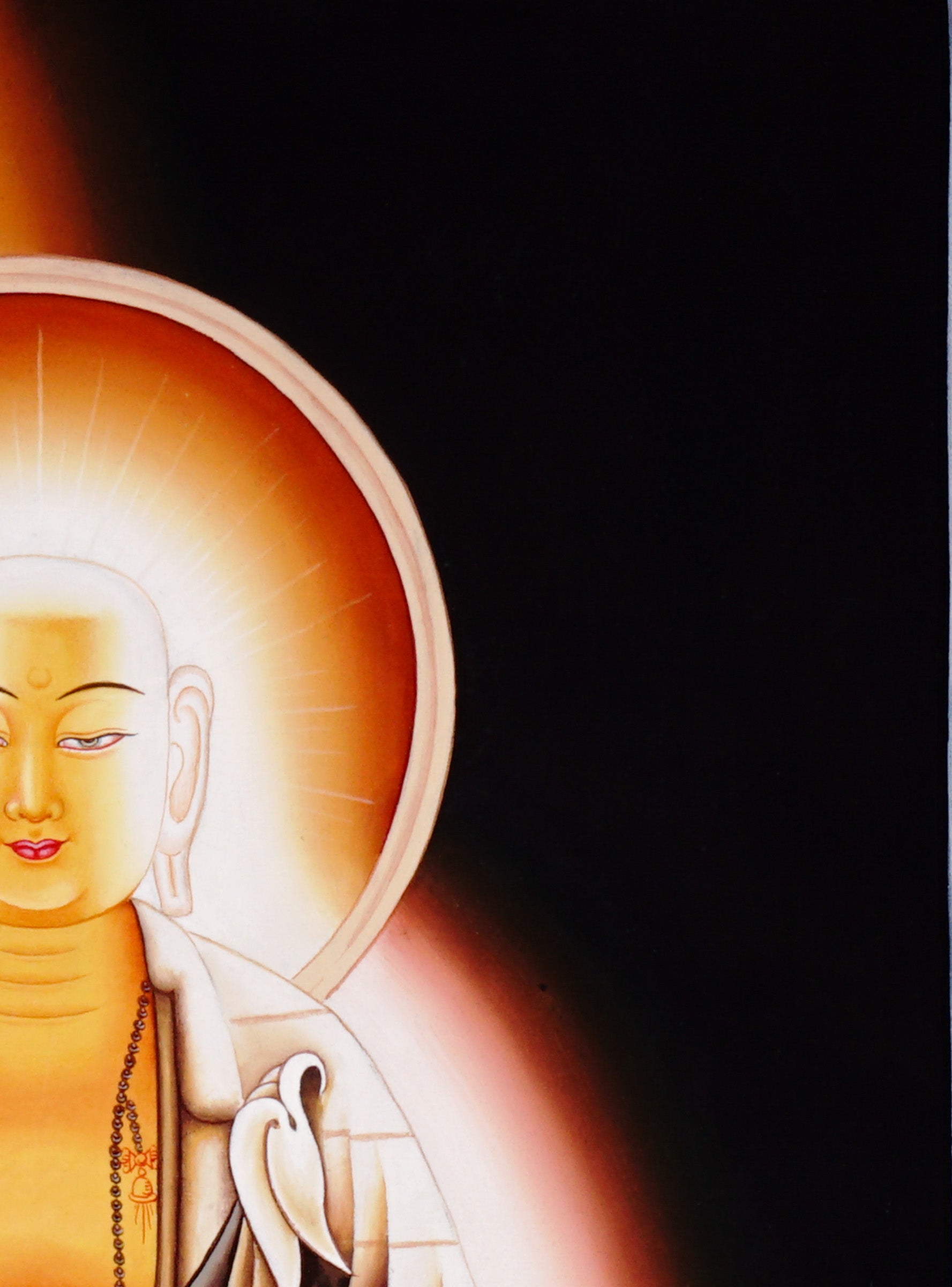 Authentic hand-painted Ksitigarbha Bodhisattva thangka in a minimalist Tibetan Buddhist style featuring serene Himalayan spiritual symbolism and meditative beauty.