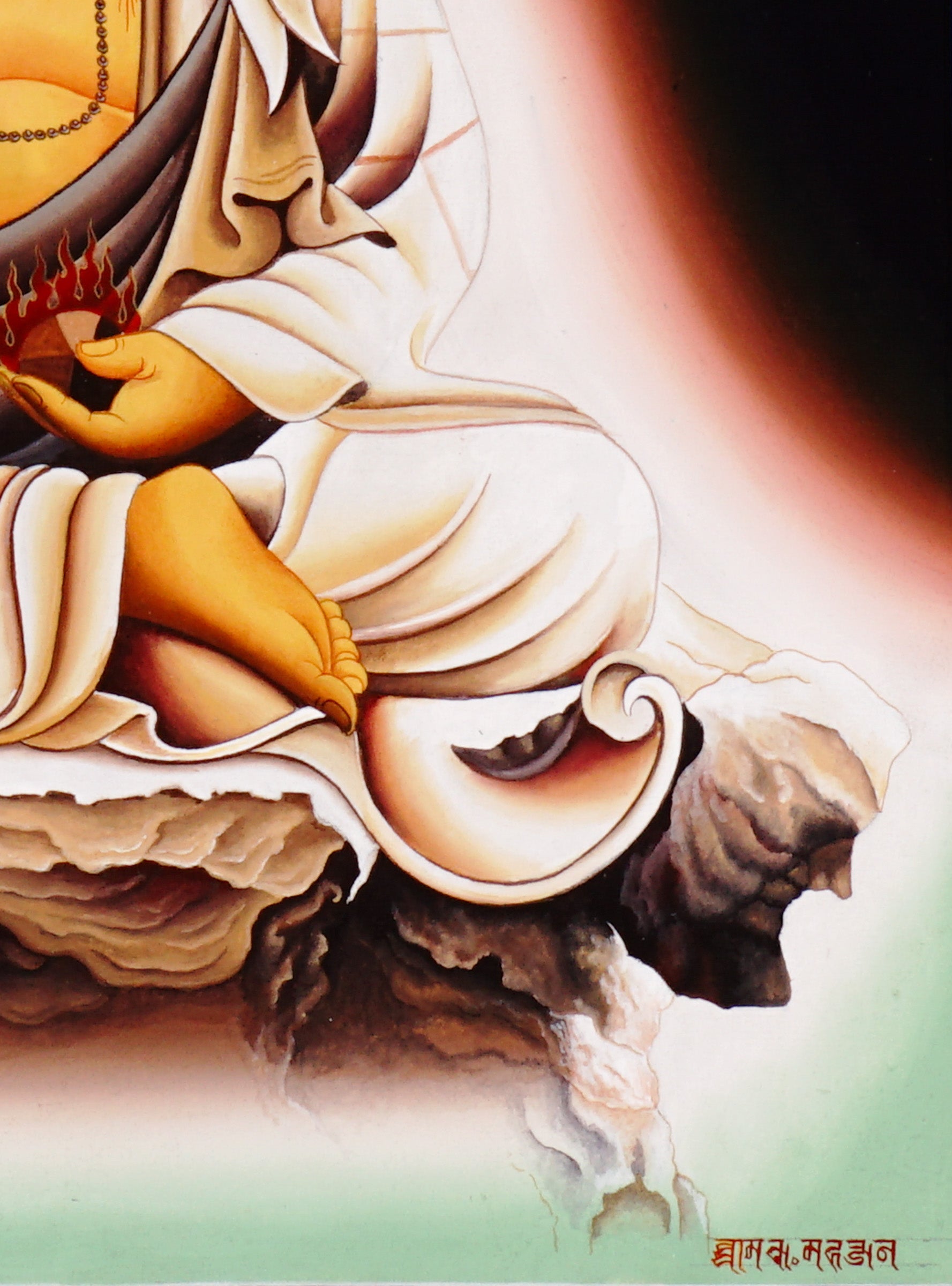 Authentic hand-painted Ksitigarbha Bodhisattva thangka in a minimalist Tibetan Buddhist style featuring serene Himalayan spiritual symbolism and meditative beauty.