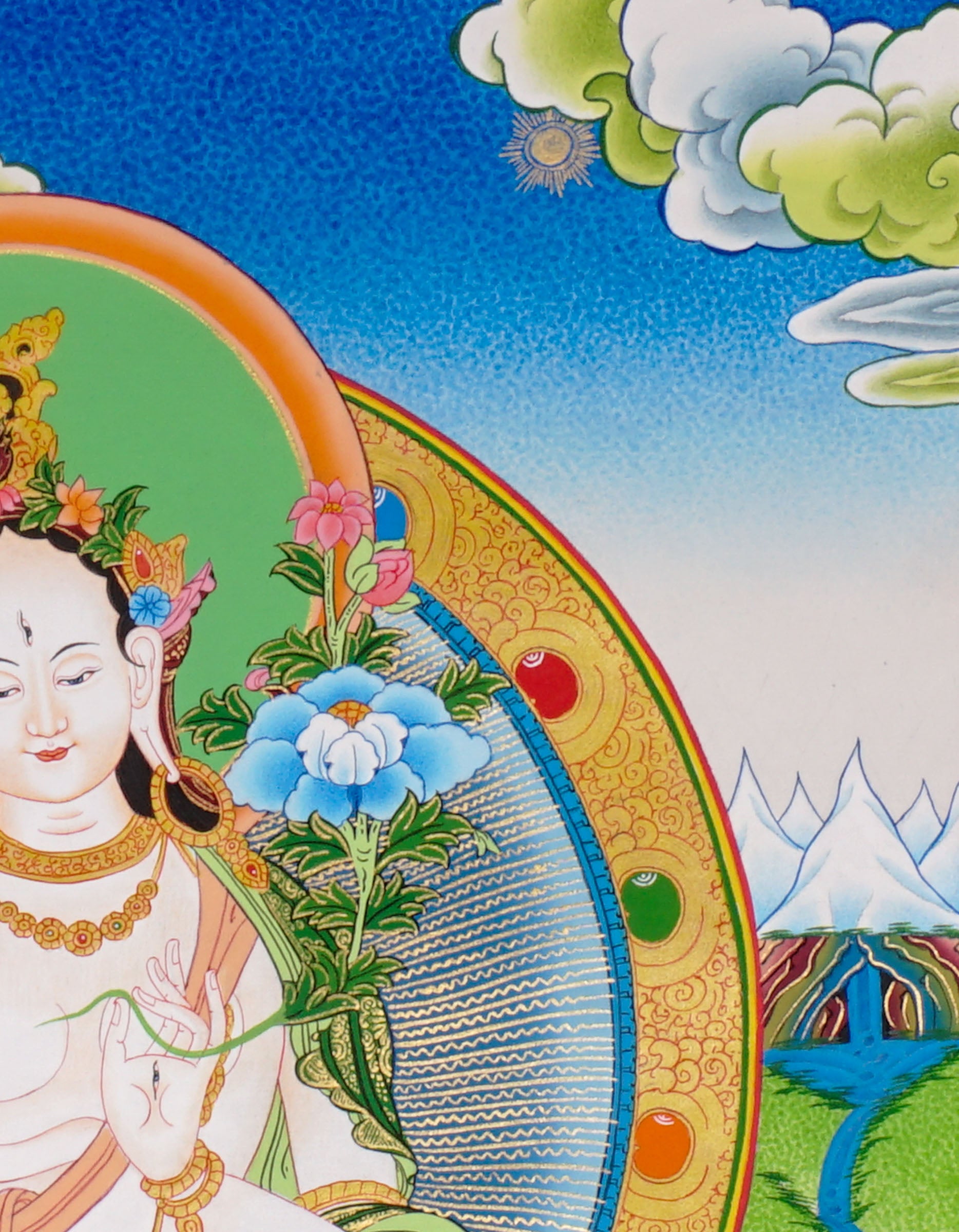 Hand-painted White Tara thangka featuring the Tibetan Buddhist goddess seated on a lotus throne surrounded by flowers, rivers, and peaceful Himalayan landscape