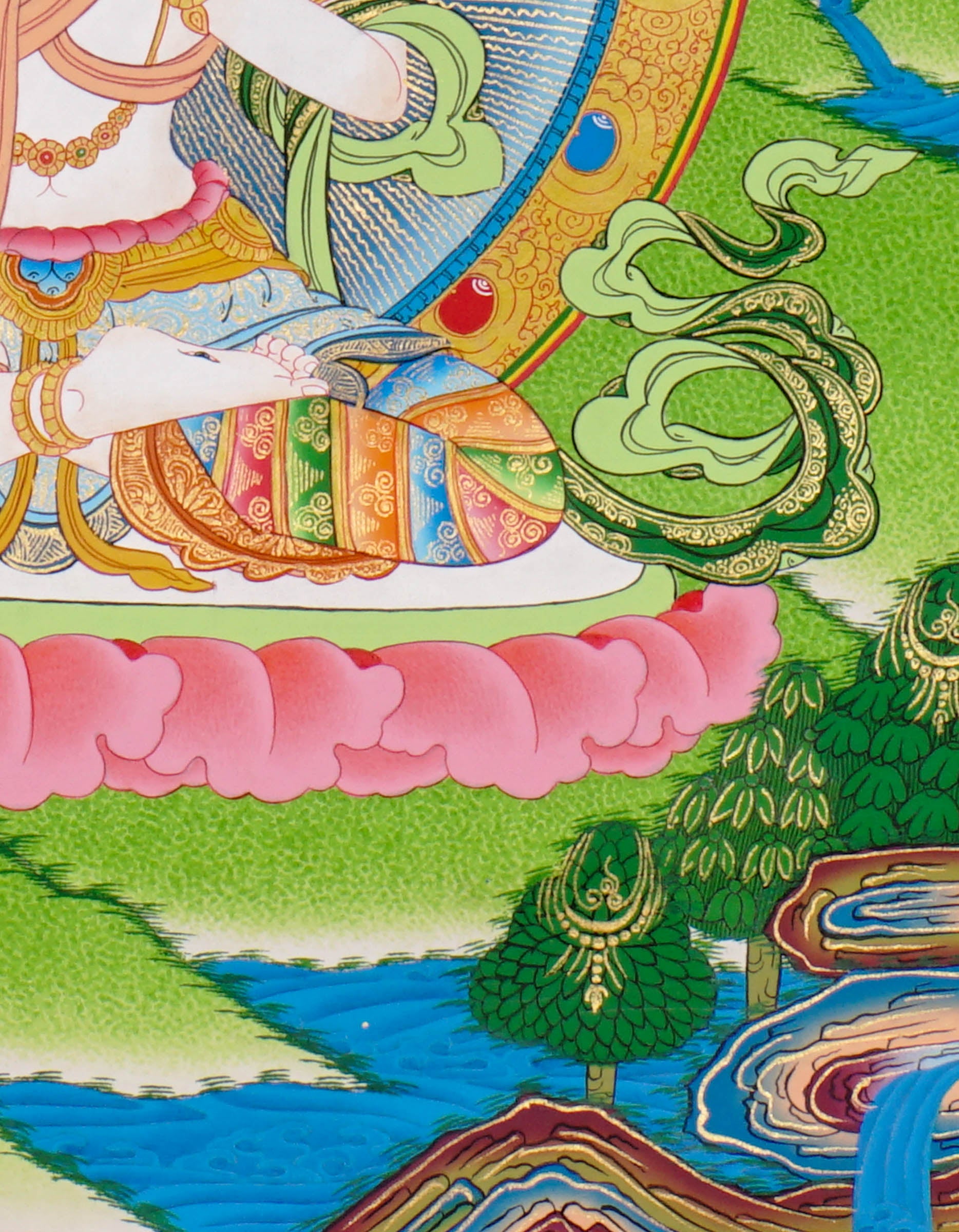 Hand-painted White Tara thangka featuring the Tibetan Buddhist goddess seated on a lotus throne surrounded by flowers, rivers, and peaceful Himalayan landscape