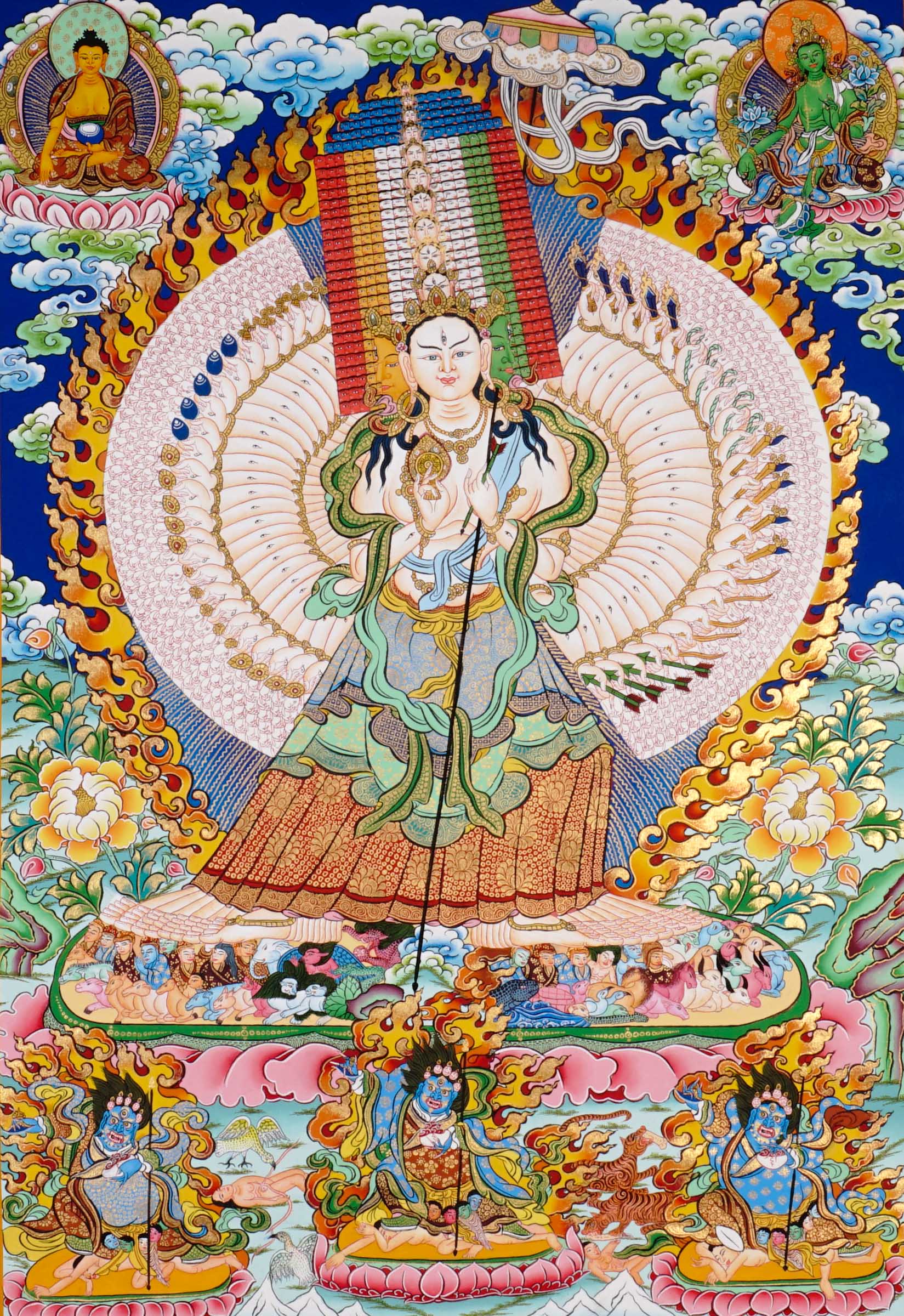 Hand-painted Dukkar thangka featuring the Tibetan Buddhist White Umbrella Goddess with multiple arms surrounded by sacred flames, celestial Buddhas, and protective symbolism