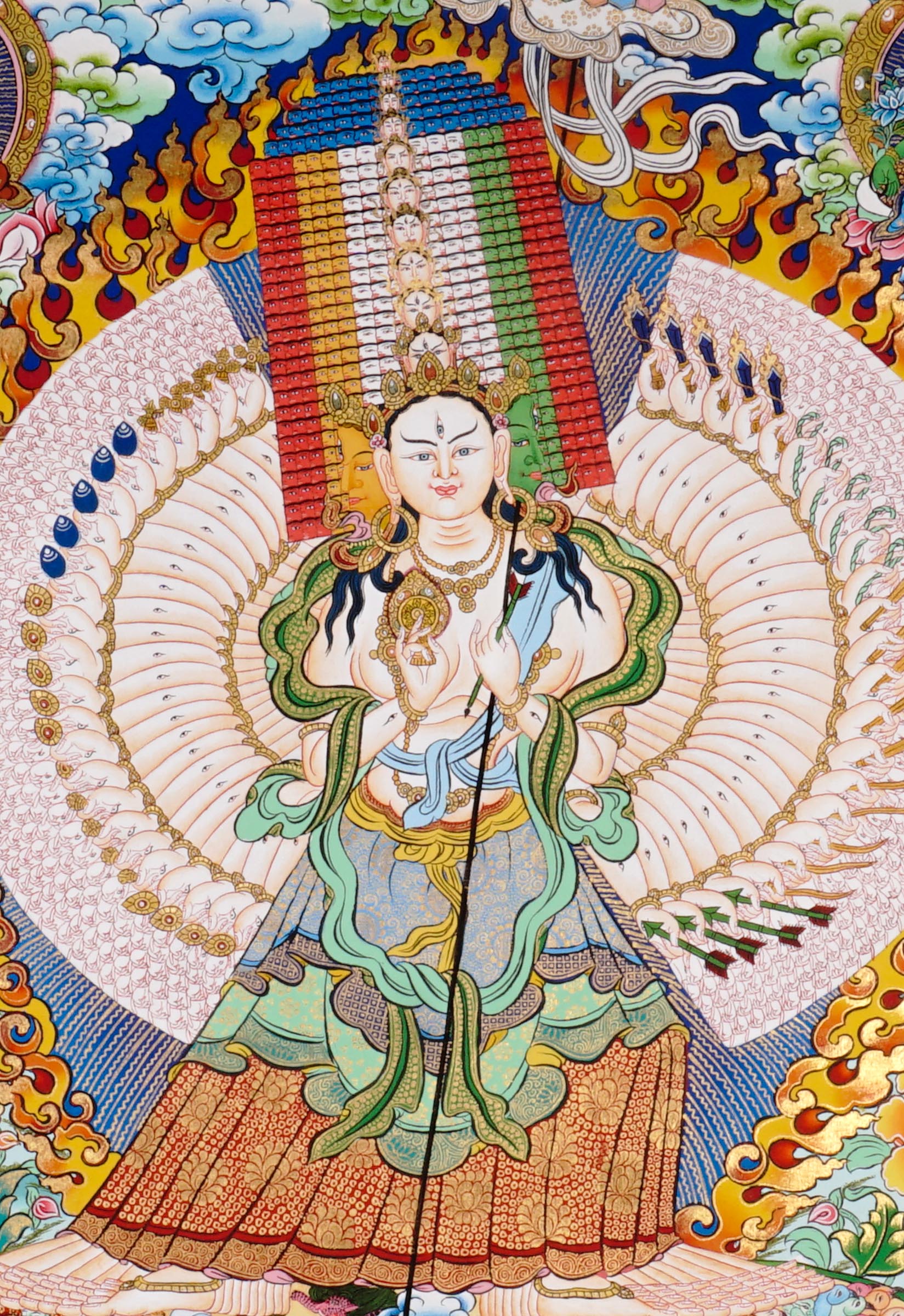 Hand-painted Dukkar thangka featuring the Tibetan Buddhist White Umbrella Goddess with multiple arms surrounded by sacred flames, celestial Buddhas, and protective symbolism