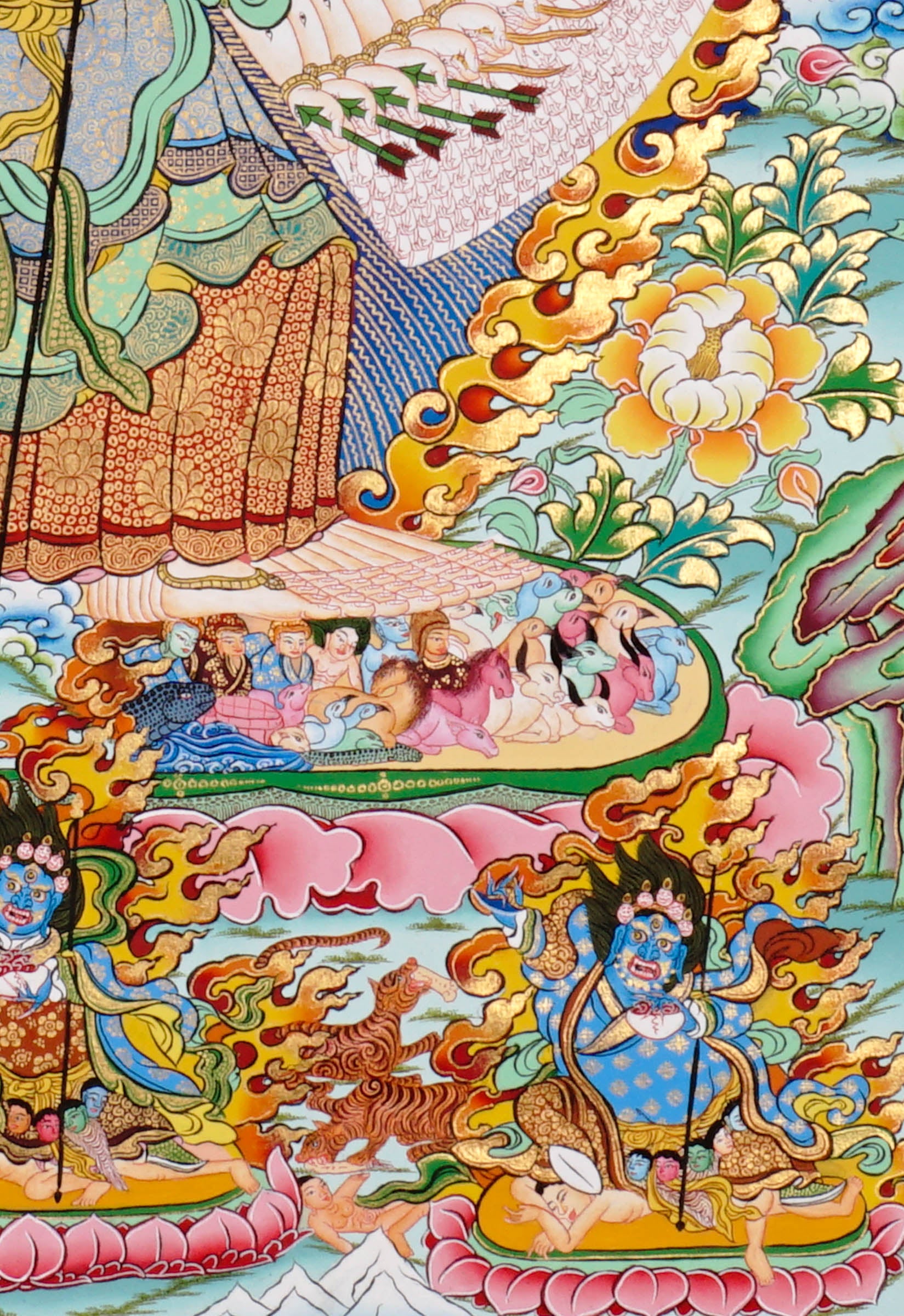 Hand-painted Dukkar thangka featuring the Tibetan Buddhist White Umbrella Goddess with multiple arms surrounded by sacred flames, celestial Buddhas, and protective symbolism