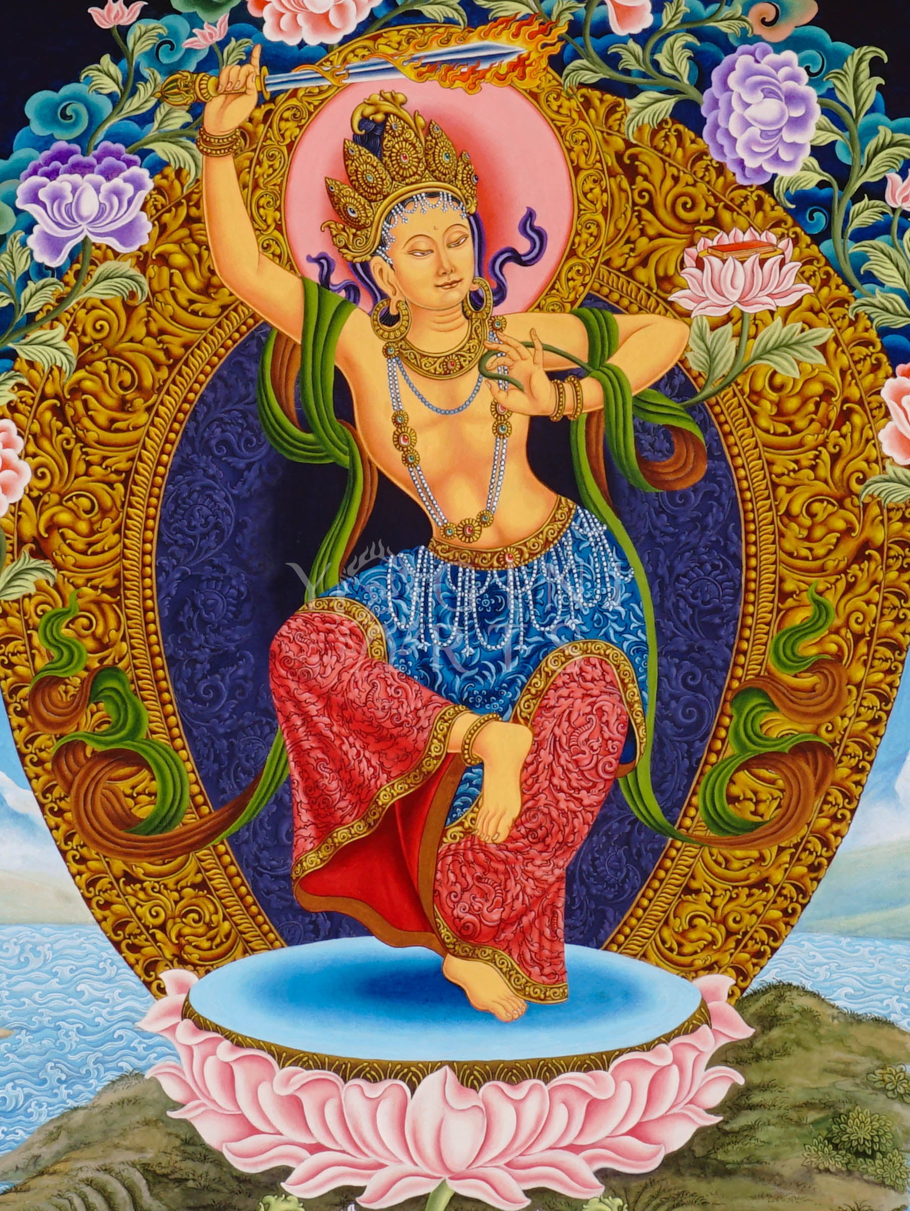Newari Manjushree Tibetan thangka featuring the dancing Bodhisattva of Wisdom holding a flaming sword above a lotus throne with ornate floral designs
