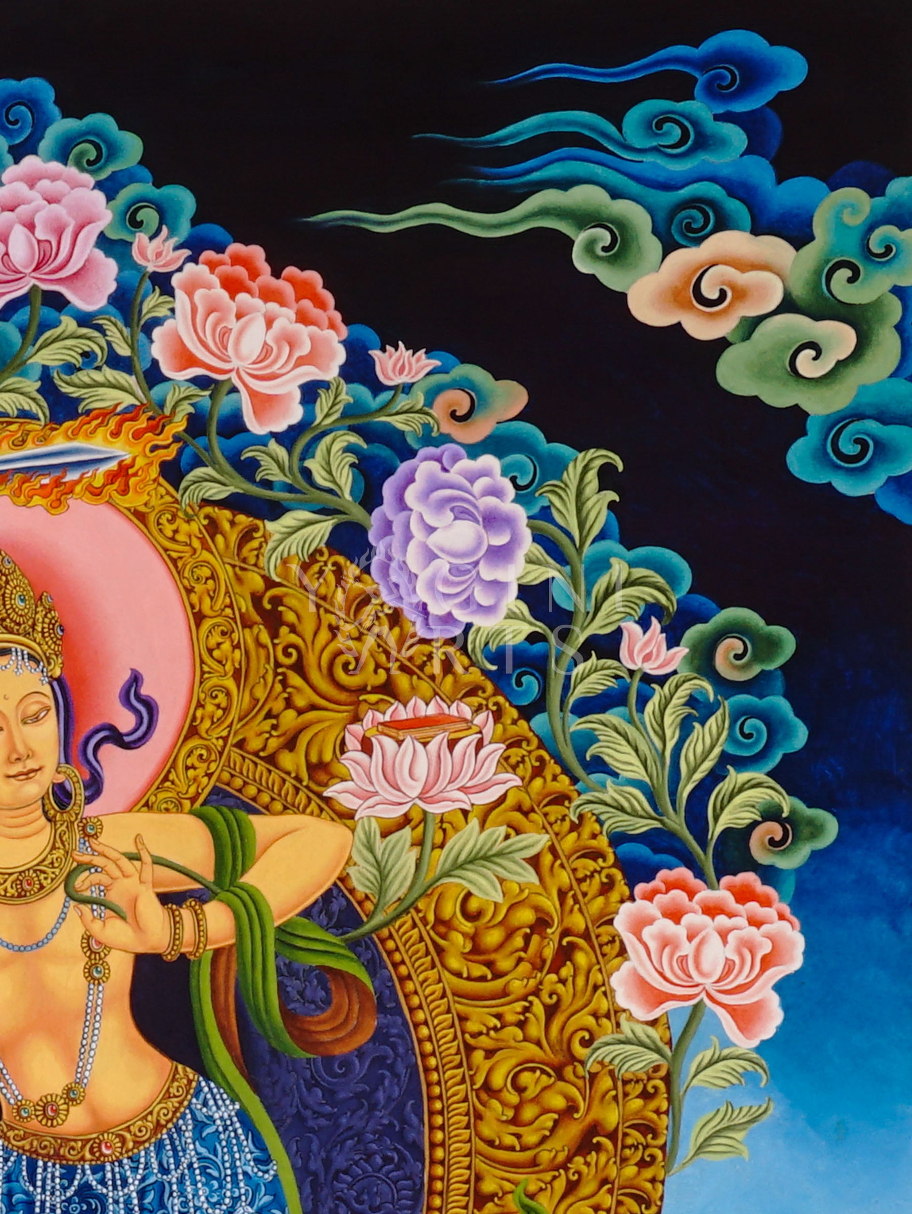 Newari Manjushree Tibetan thangka featuring the dancing Bodhisattva of Wisdom holding a flaming sword above a lotus throne with ornate floral designs