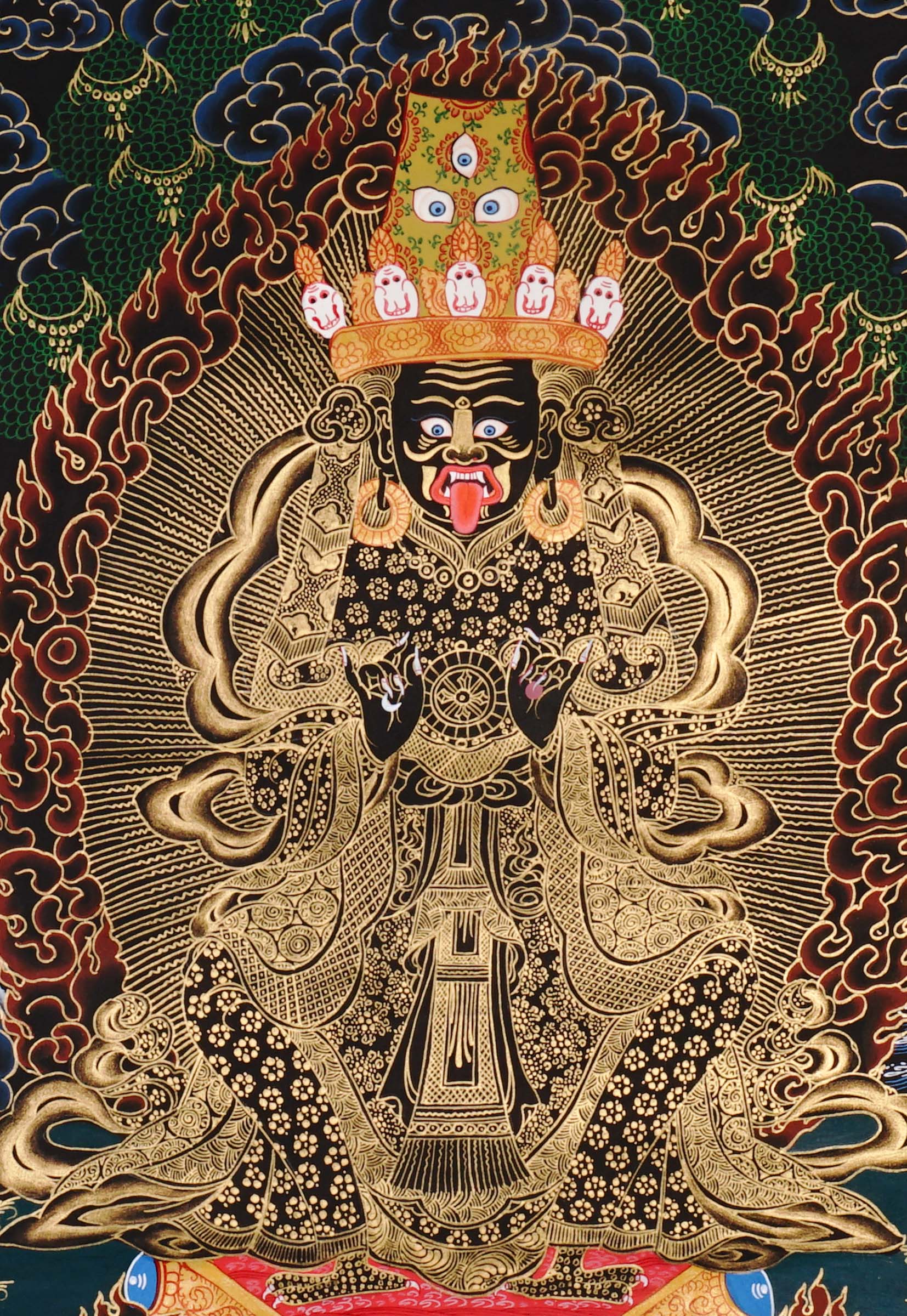 Hand-painted Black Gold Tibetan thangka featuring Zajhi Lhamo, a wrathful Buddhist protector deity surrounded by sacred flames and ornate gold detailing