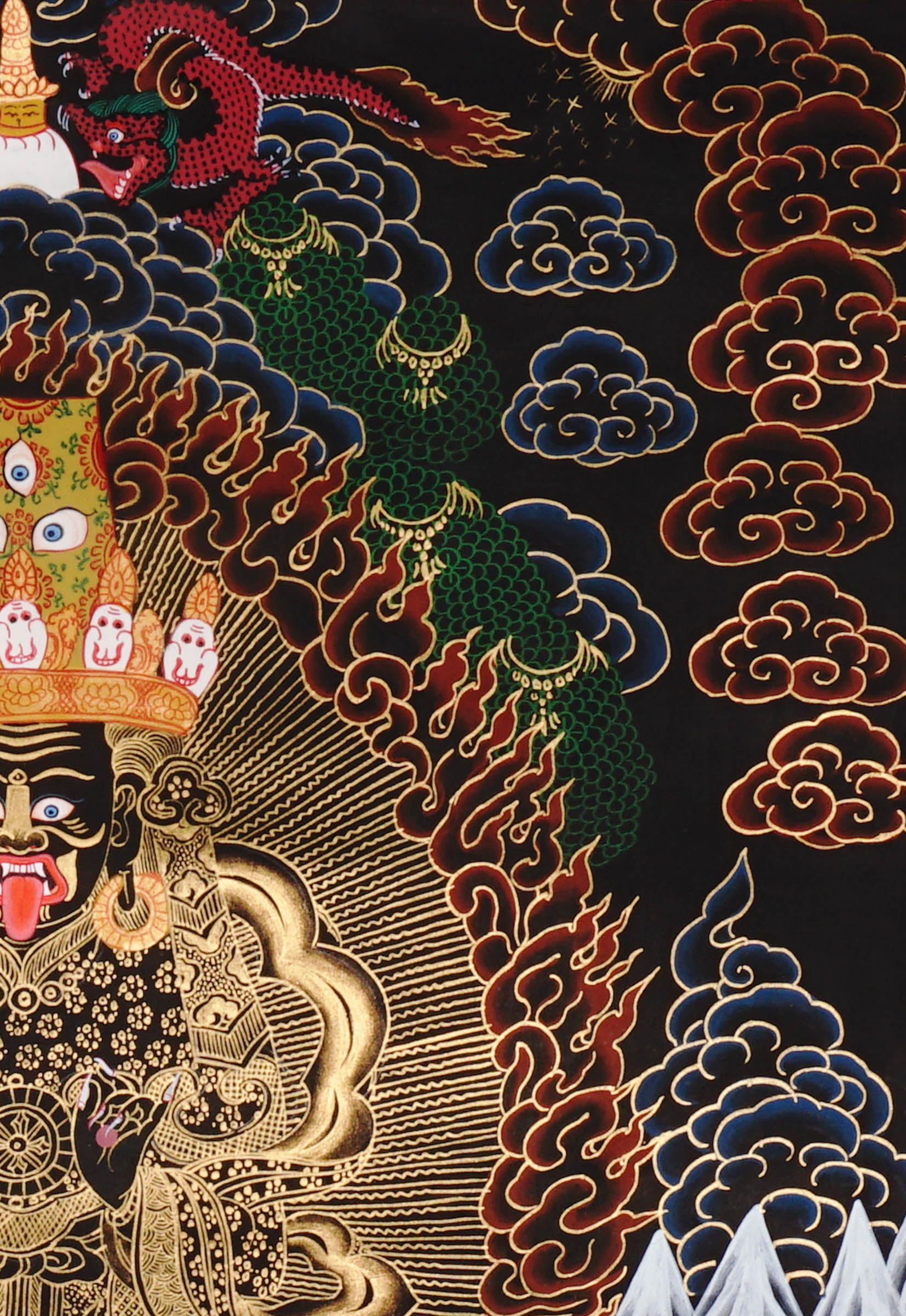 Hand-painted Black Gold Tibetan thangka featuring Zajhi Lhamo, a wrathful Buddhist protector deity surrounded by sacred flames and ornate gold detailing