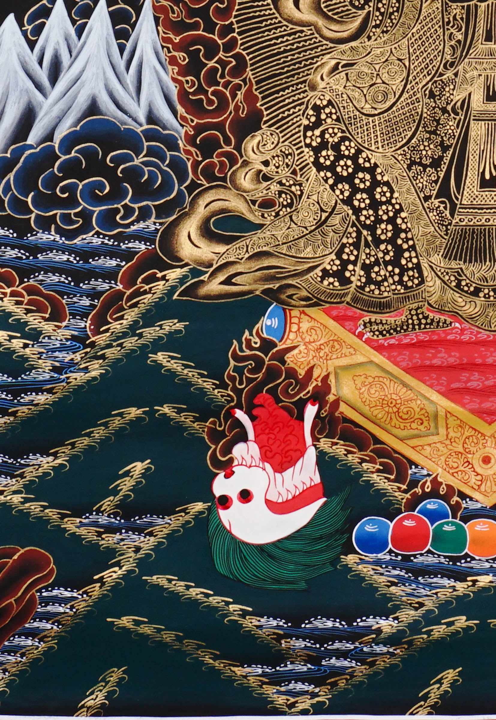 Hand-painted Black Gold Tibetan thangka featuring Zajhi Lhamo, a wrathful Buddhist protector deity surrounded by sacred flames and ornate gold detailing
