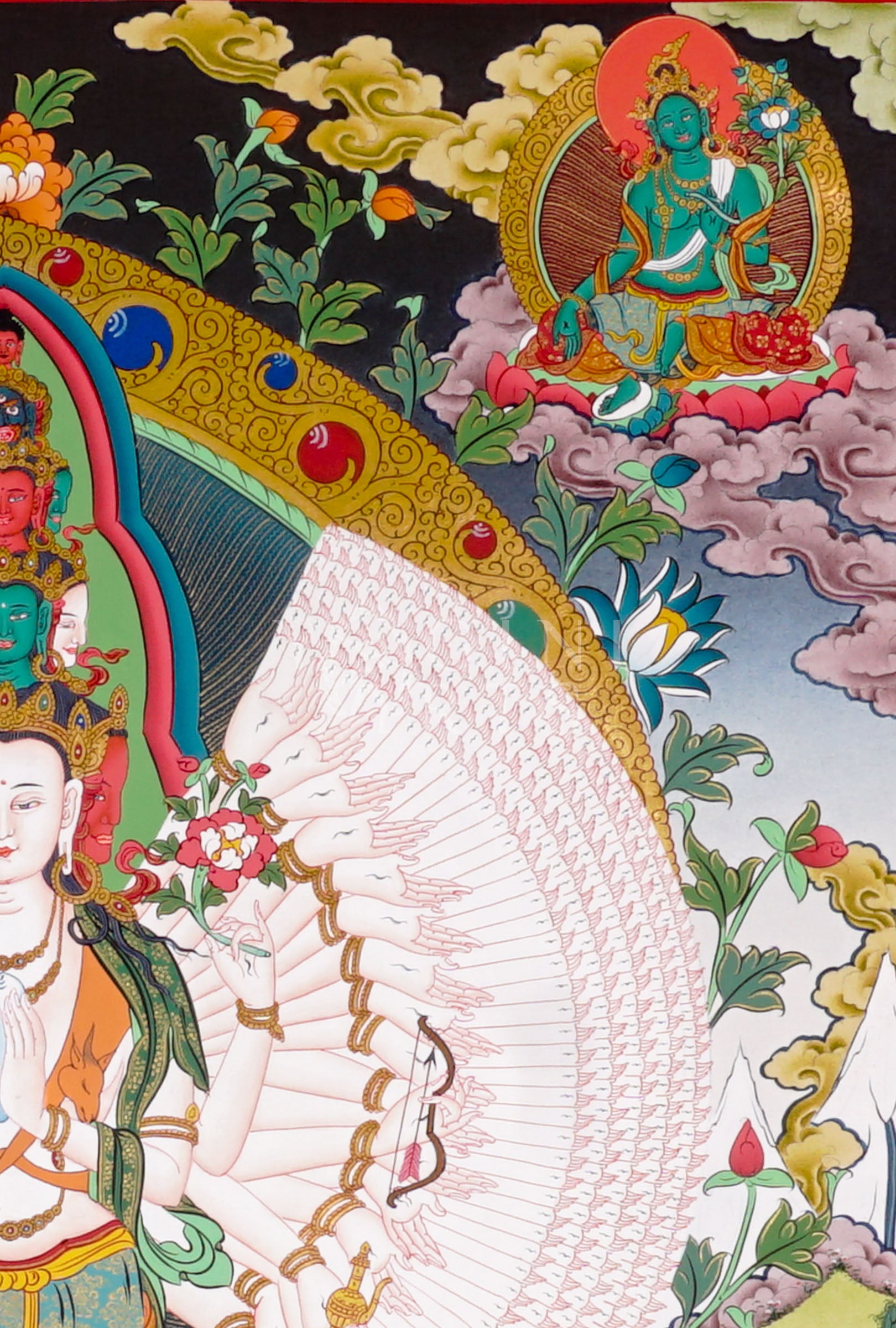 Avalokeshwor thangka featuring Thousand-Armed Chenrezig standing on a lotus throne surrounded by sacred Buddhist figures and symbolic imagery