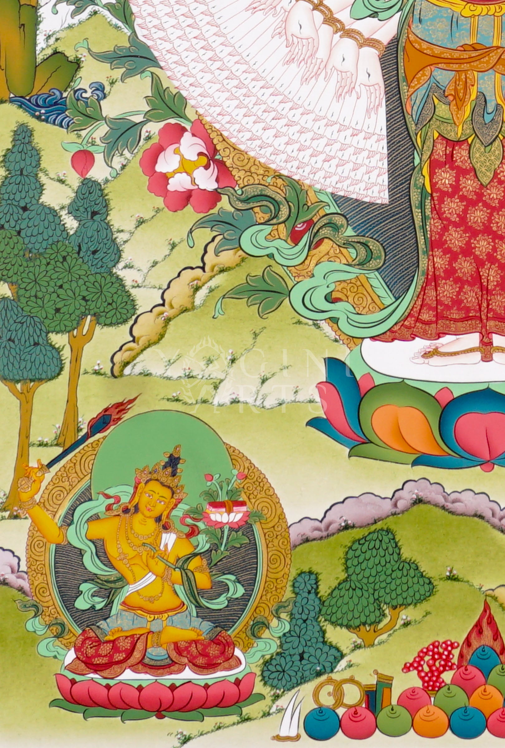 Avalokeshwor thangka featuring Thousand-Armed Chenrezig standing on a lotus throne surrounded by sacred Buddhist figures and symbolic imagery