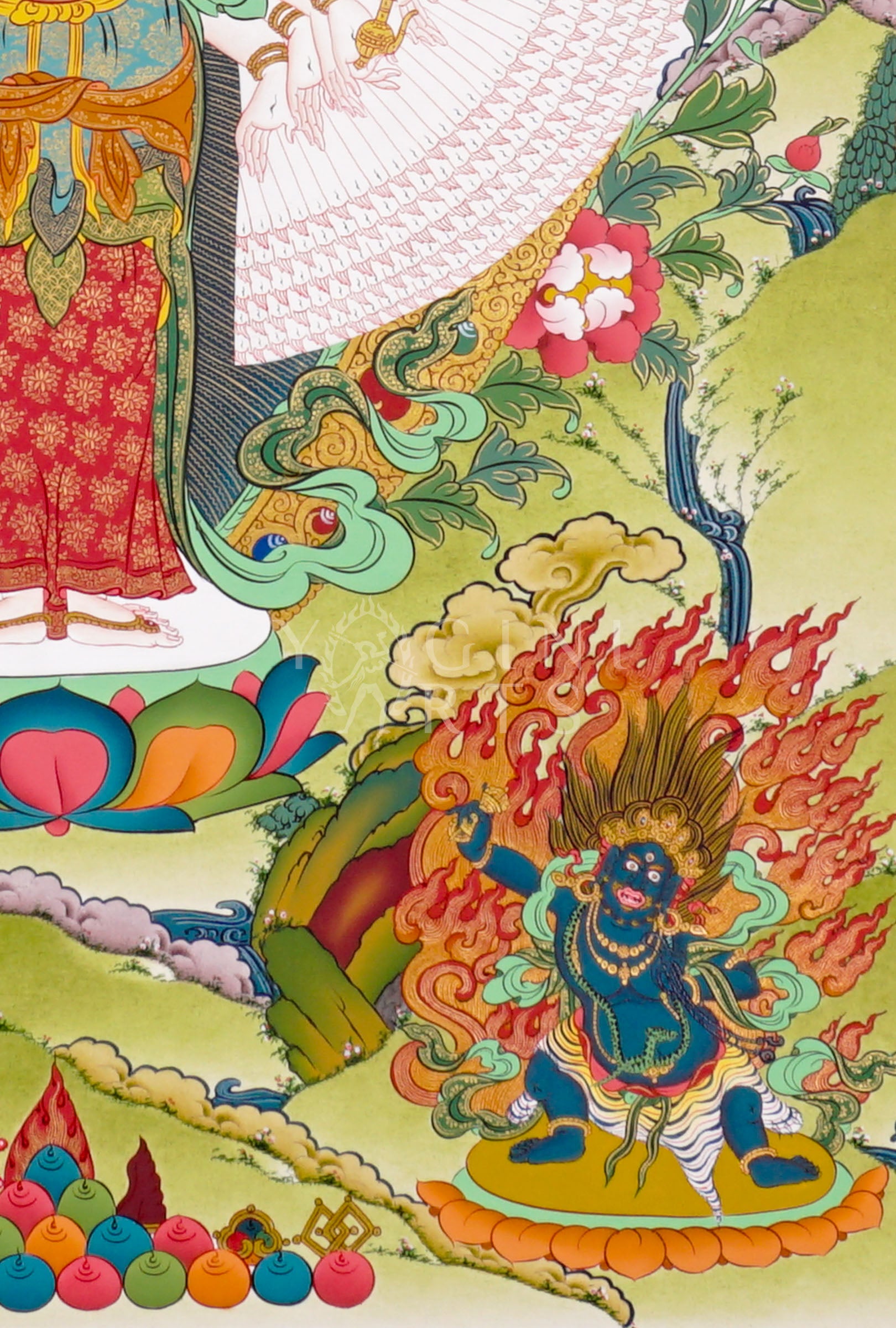 Avalokeshwor thangka featuring Thousand-Armed Chenrezig standing on a lotus throne surrounded by sacred Buddhist figures and symbolic imagery