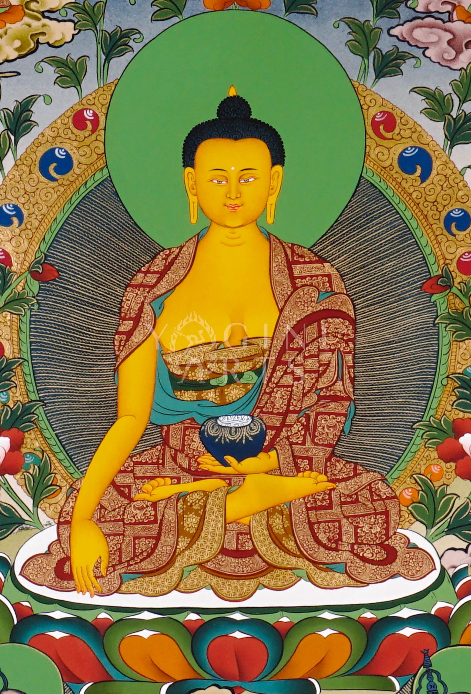 Shakyamuni Buddha thangka featuring the Historical Buddha seated in meditation holding an alms bowl surrounded by sacred Buddhist figures