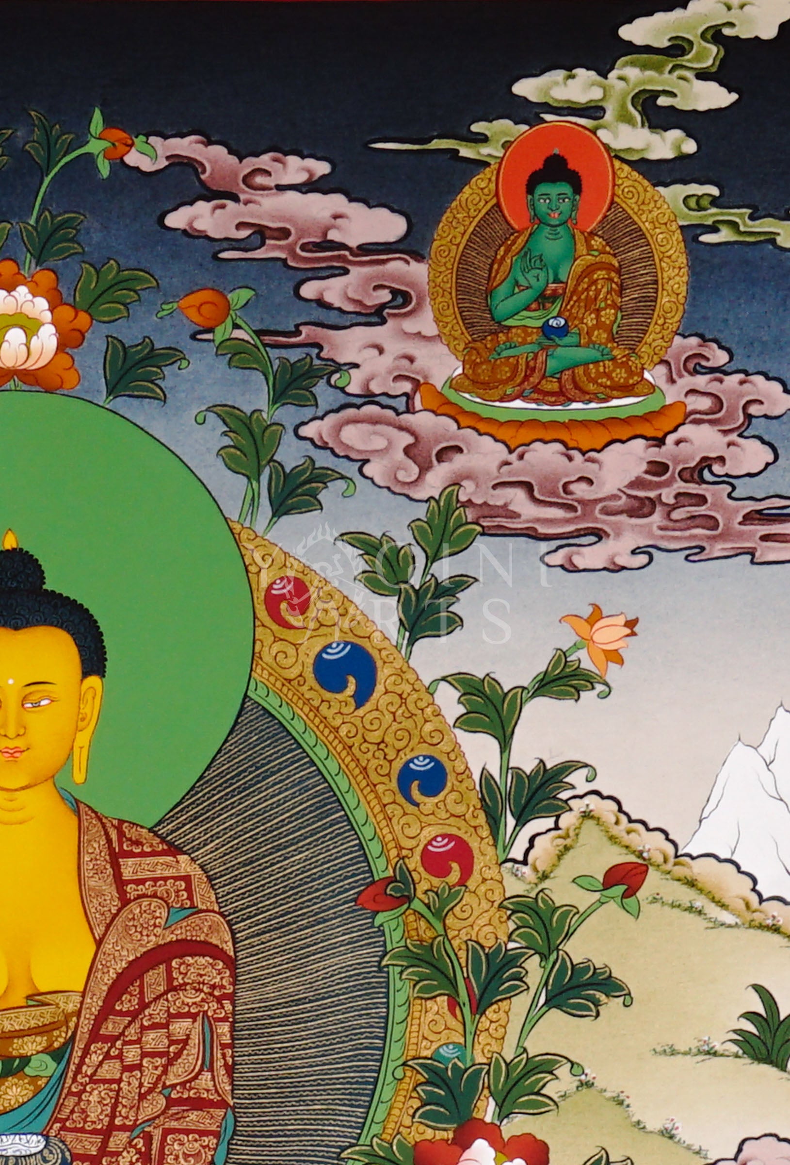 Shakyamuni Buddha thangka featuring the Historical Buddha seated in meditation holding an alms bowl surrounded by sacred Buddhist figures