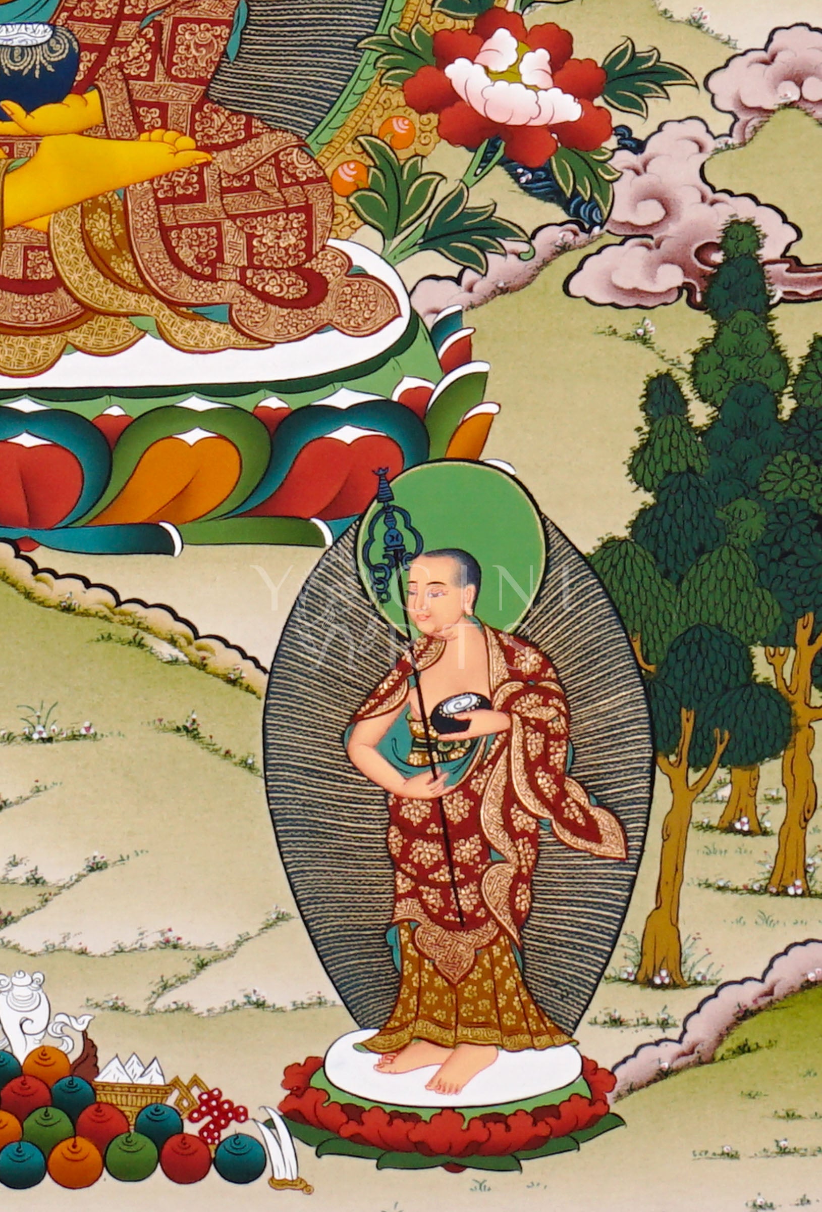Shakyamuni Buddha thangka featuring the Historical Buddha seated in meditation holding an alms bowl surrounded by sacred Buddhist figures
