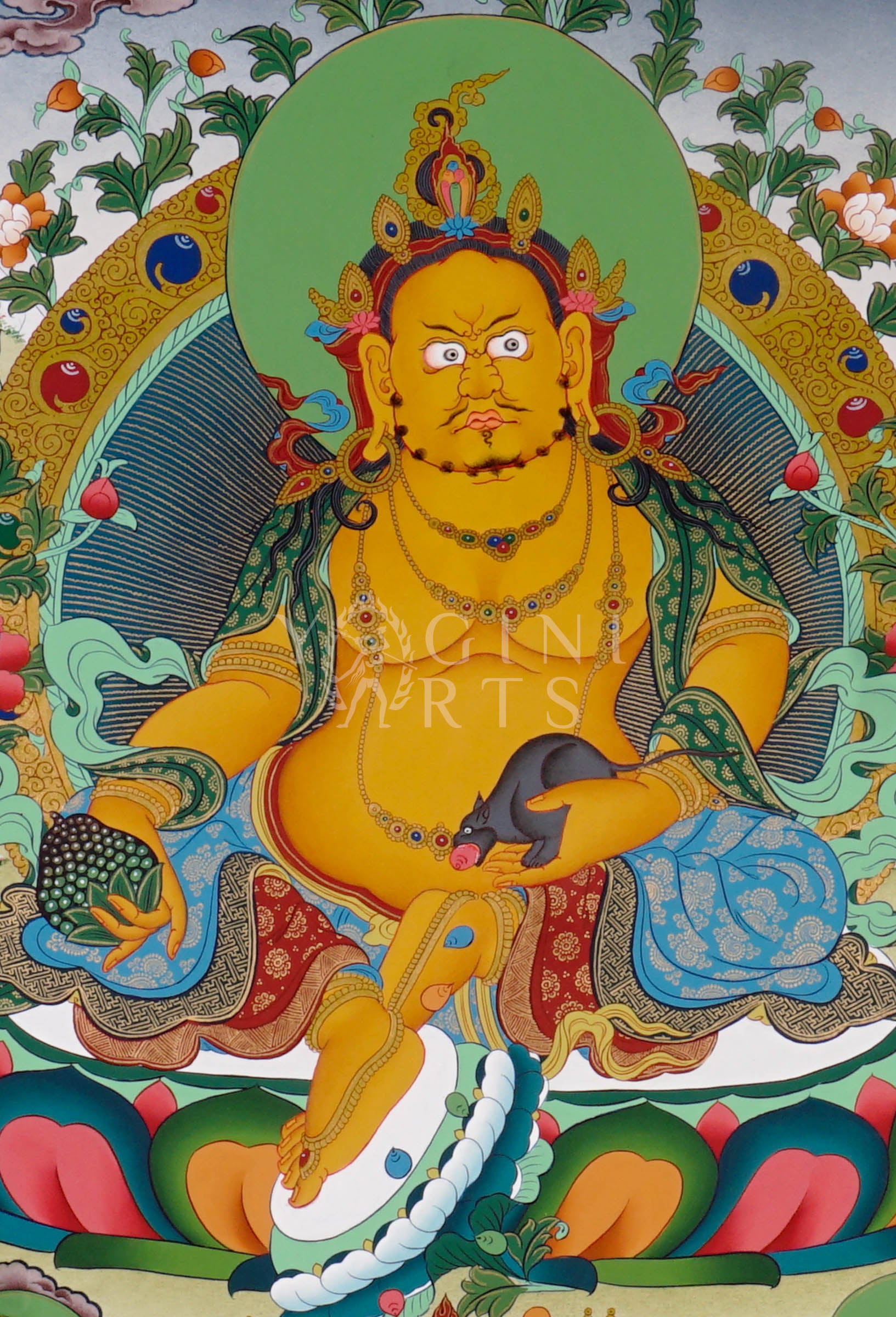 Zambhala thangka featuring the Buddhist deity of wealth holding a mongoose spitting jewels surrounded by sacred prosperity symbols