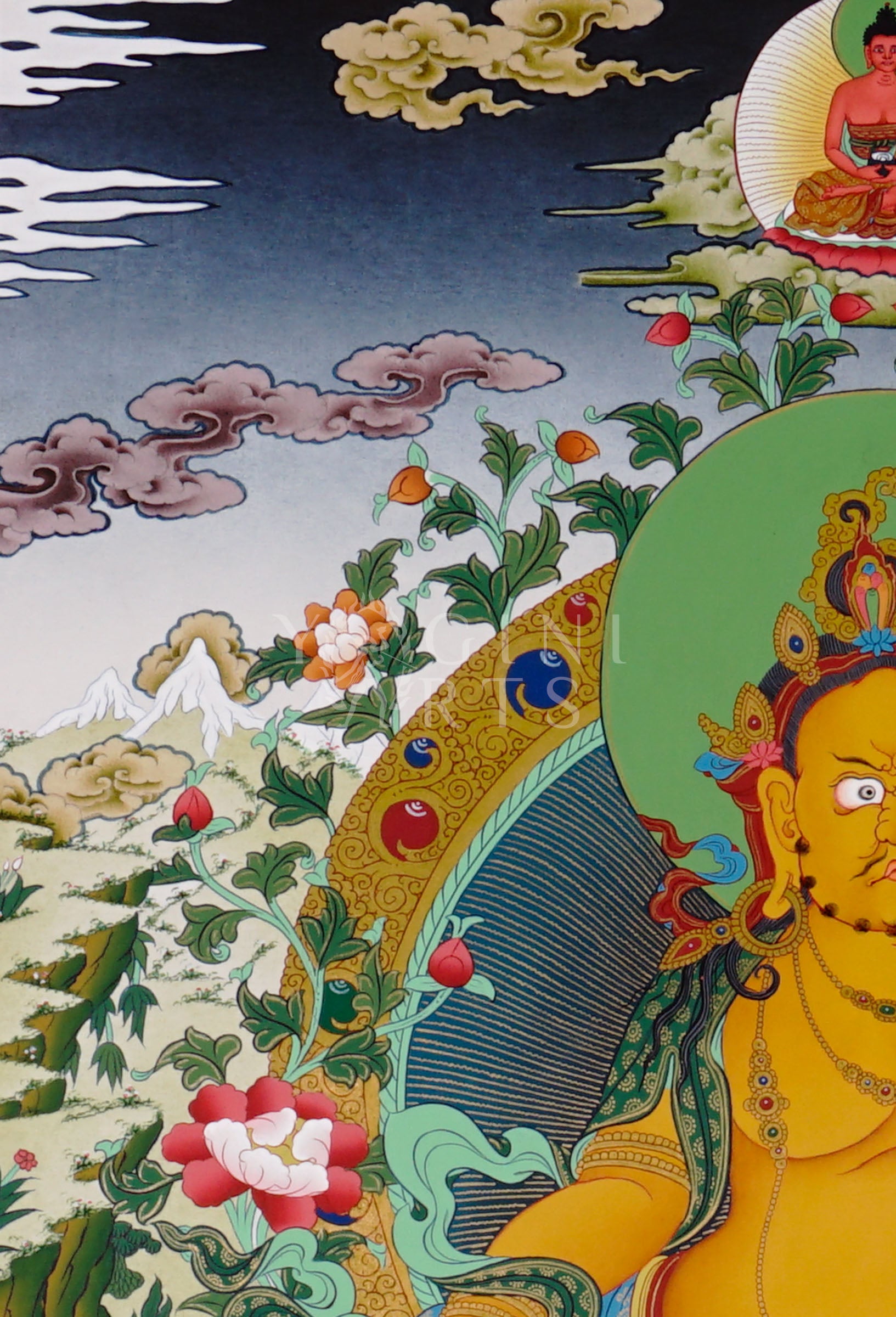 Zambhala thangka featuring the Buddhist deity of wealth holding a mongoose spitting jewels surrounded by sacred prosperity symbols