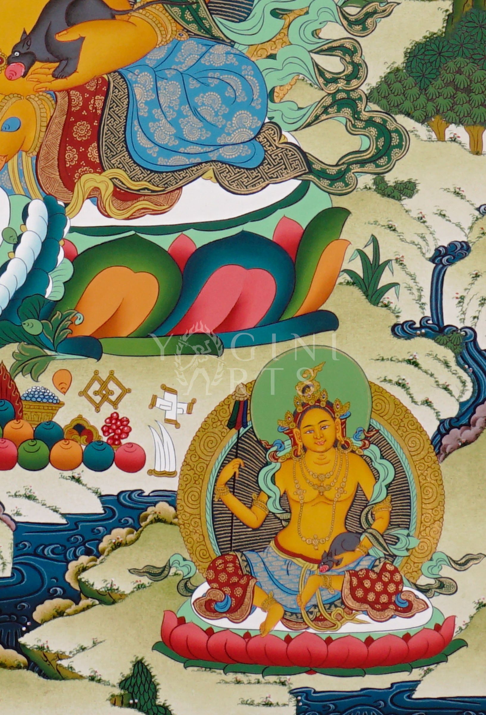 Zambhala thangka featuring the Buddhist deity of wealth holding a mongoose spitting jewels surrounded by sacred prosperity symbols