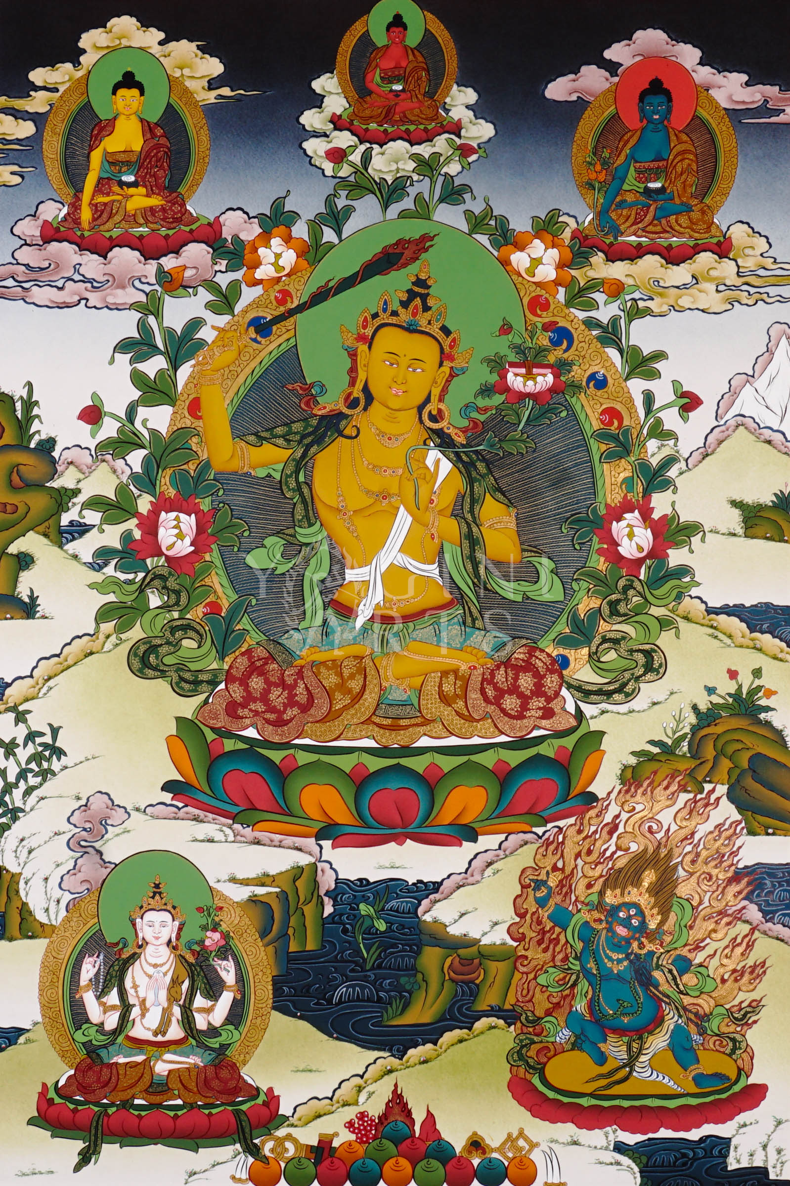 Tibetan Manjushree thangka featuring the Bodhisattva of Wisdom holding a flaming sword and lotus with Prajnaparamita scripture surrounded by Buddhist deities
