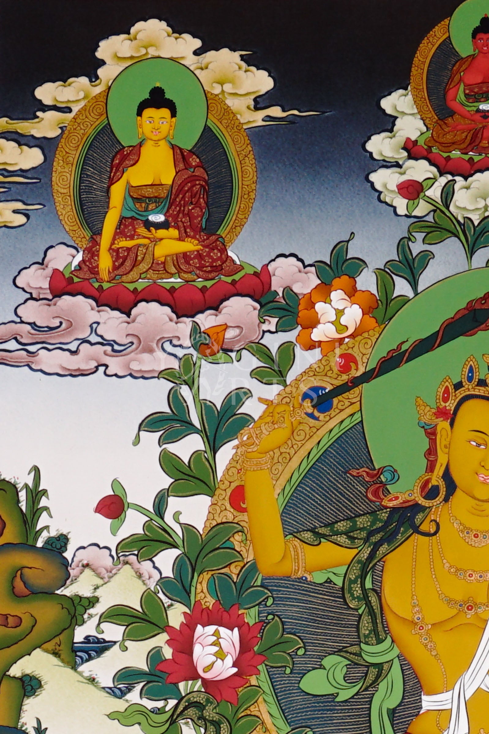Tibetan Manjushree thangka featuring the Bodhisattva of Wisdom holding a flaming sword and lotus with Prajnaparamita scripture surrounded by Buddhist deities