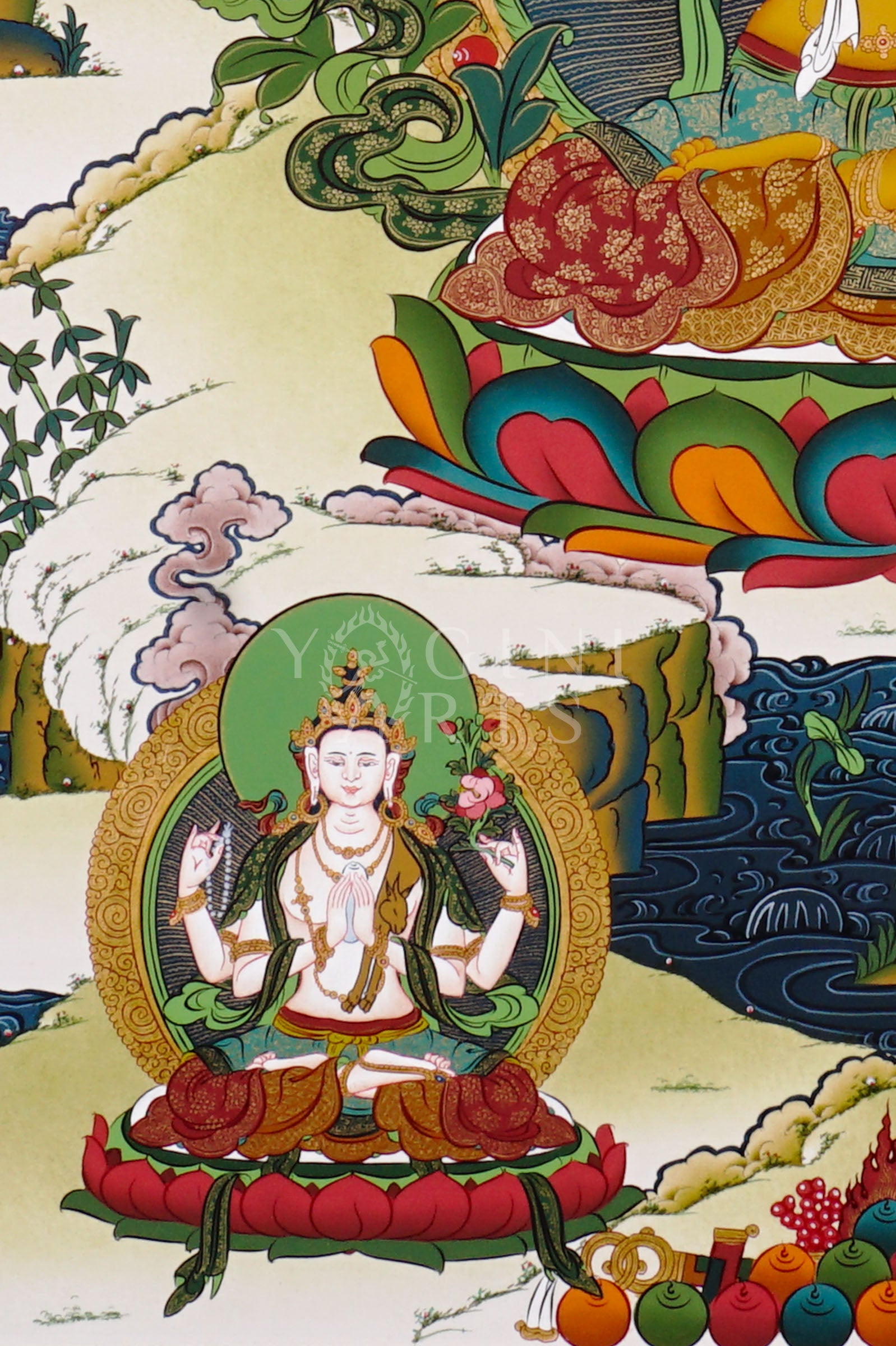 Tibetan Manjushree thangka featuring the Bodhisattva of Wisdom holding a flaming sword and lotus with Prajnaparamita scripture surrounded by Buddhist deities