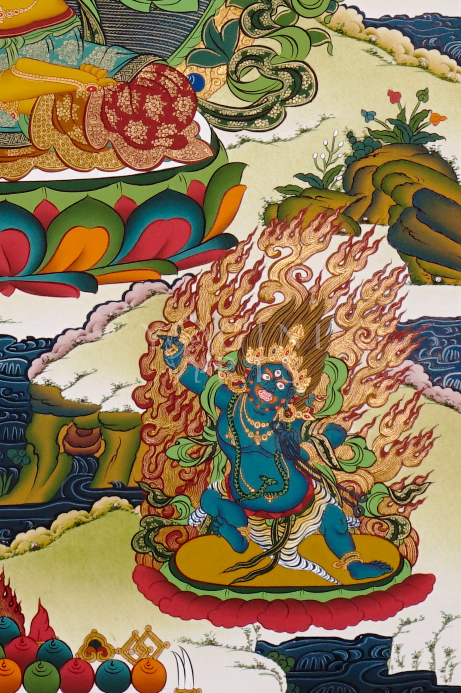 Tibetan Manjushree thangka featuring the Bodhisattva of Wisdom holding a flaming sword and lotus with Prajnaparamita scripture surrounded by Buddhist deities